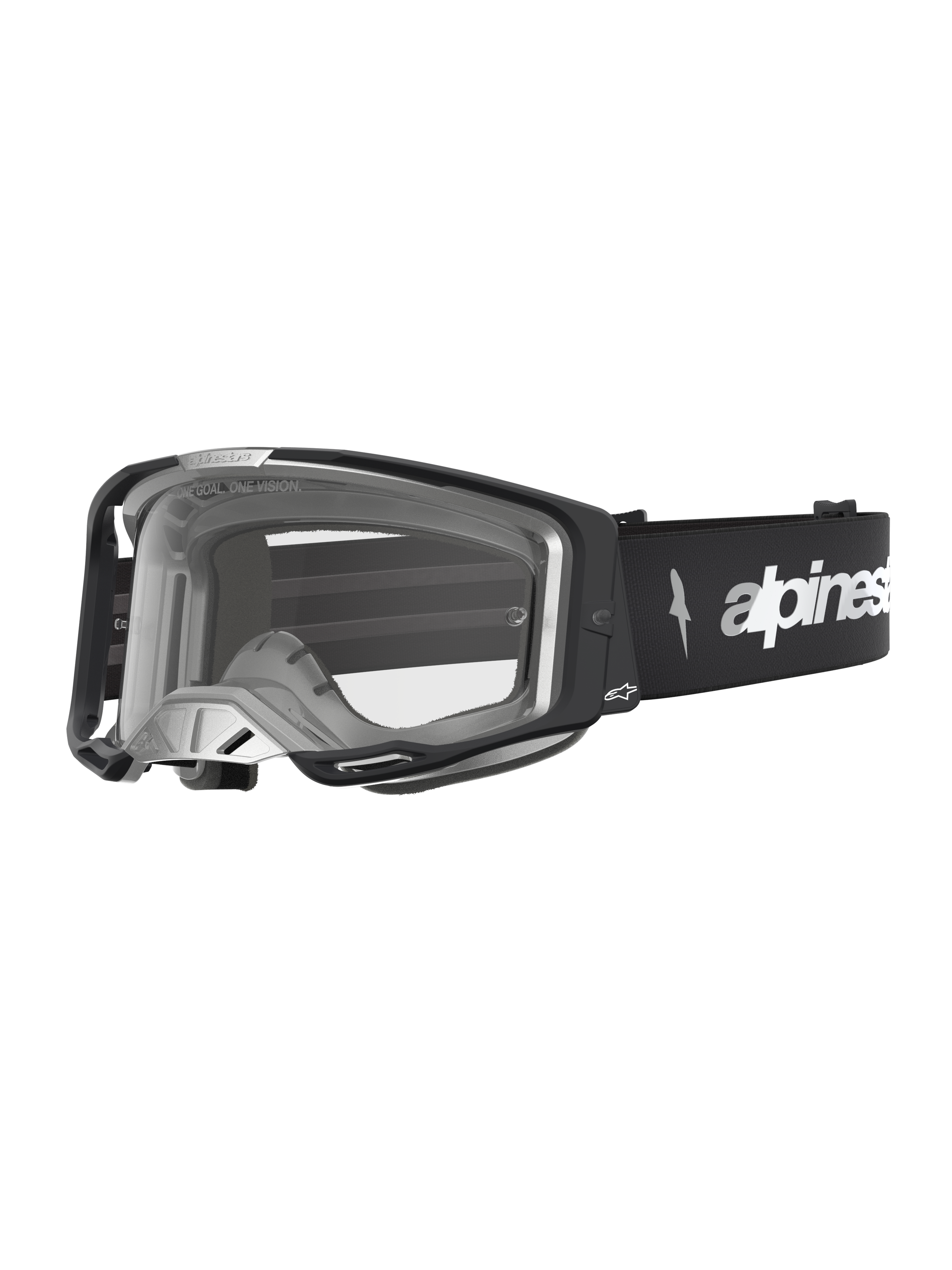 Alpinestars Vision 8 Amber, óculos de motocross pretos e prateados, com lente transparente e ventilação RAM-AIR para proteção em todo-o-terreno.