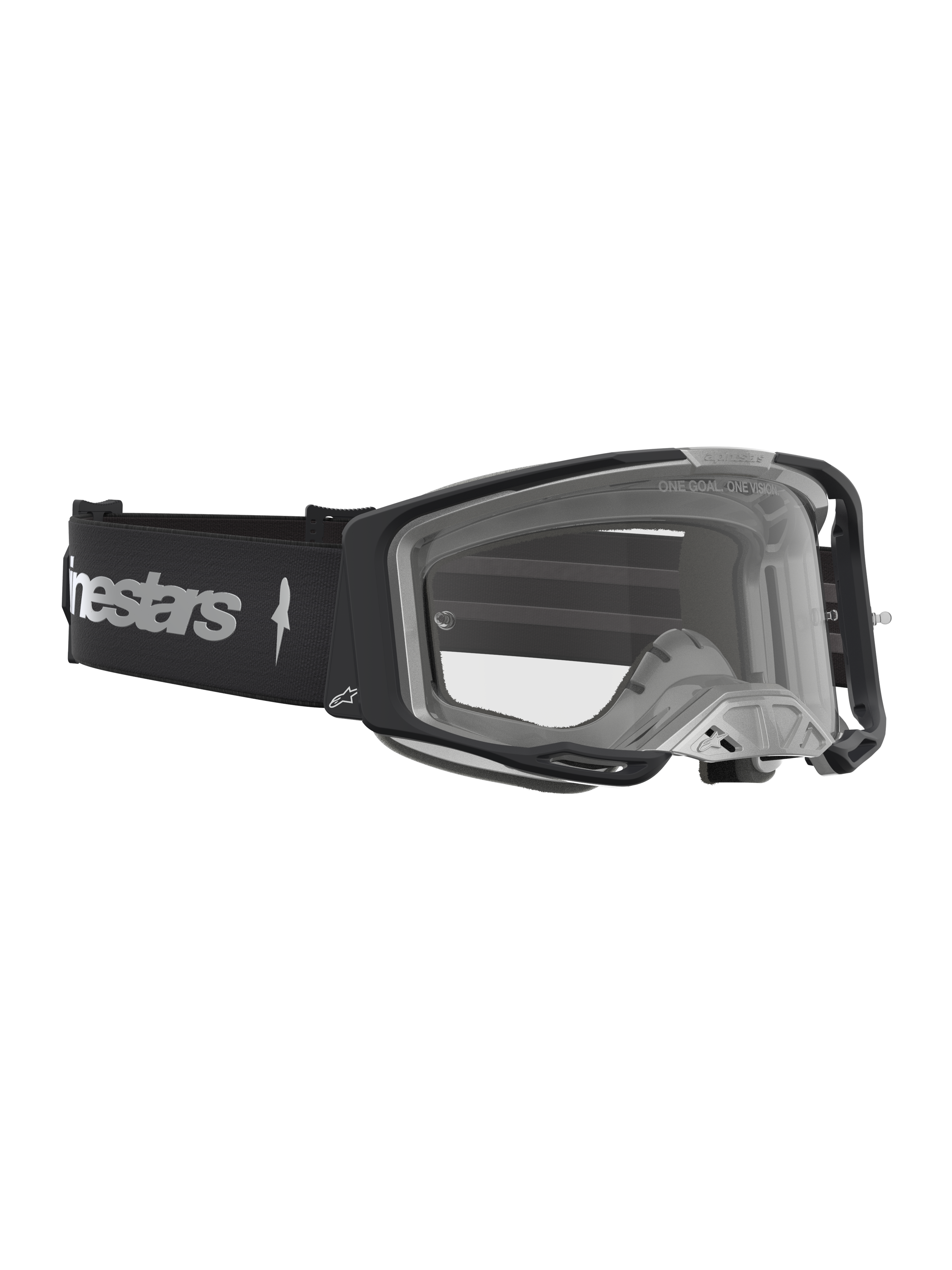 Alpinestars Vision 8 Amber, óculos de motocross para corrida, pretos e prateados, lente transparente e armação A-FLEX.
