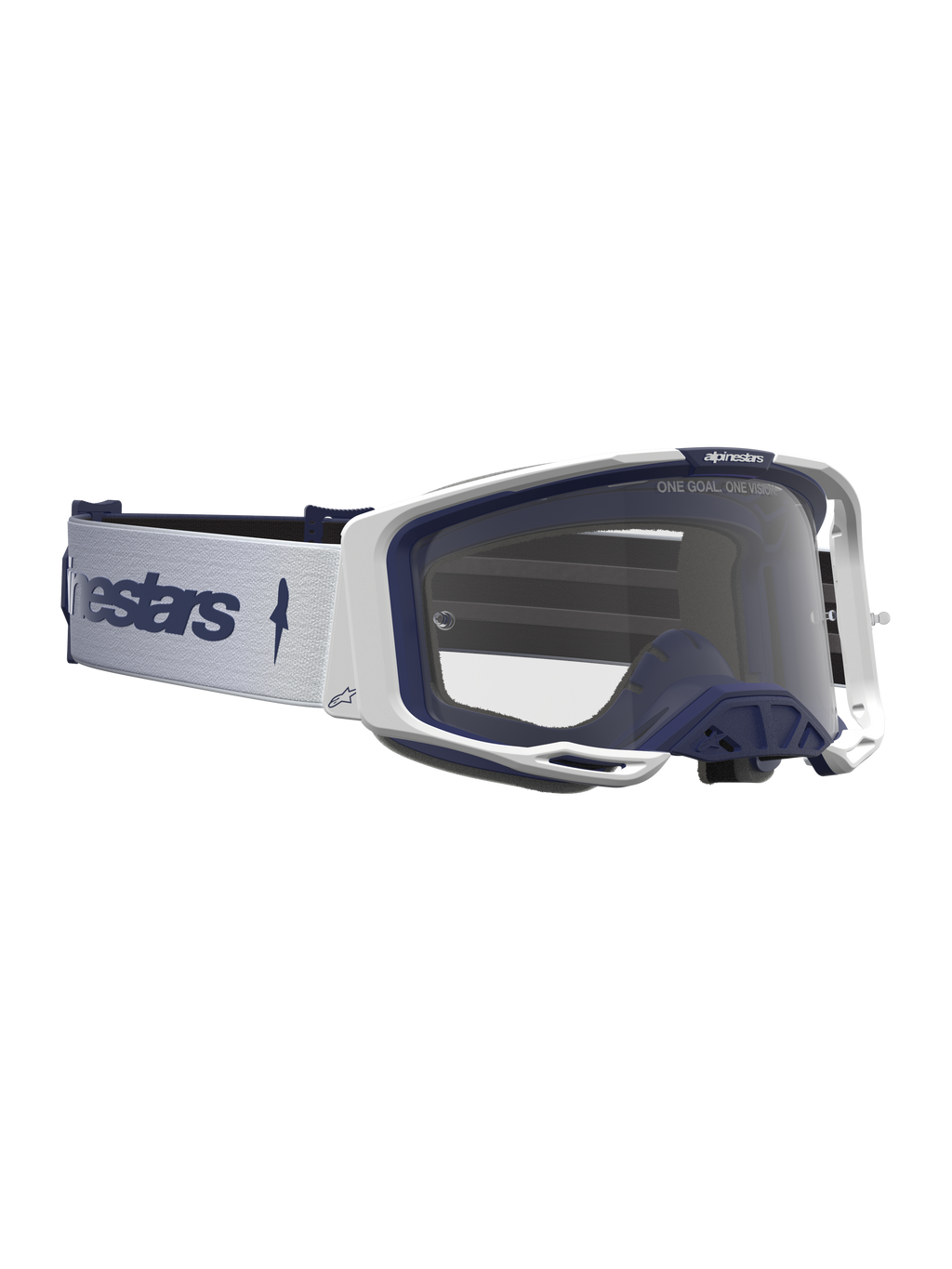 Alpinestars Vision 8 Amber, óculos de motocross para corridas de todo-o-terreno, brancos e azul-marinho, lente transparente e armação A-FLEX.