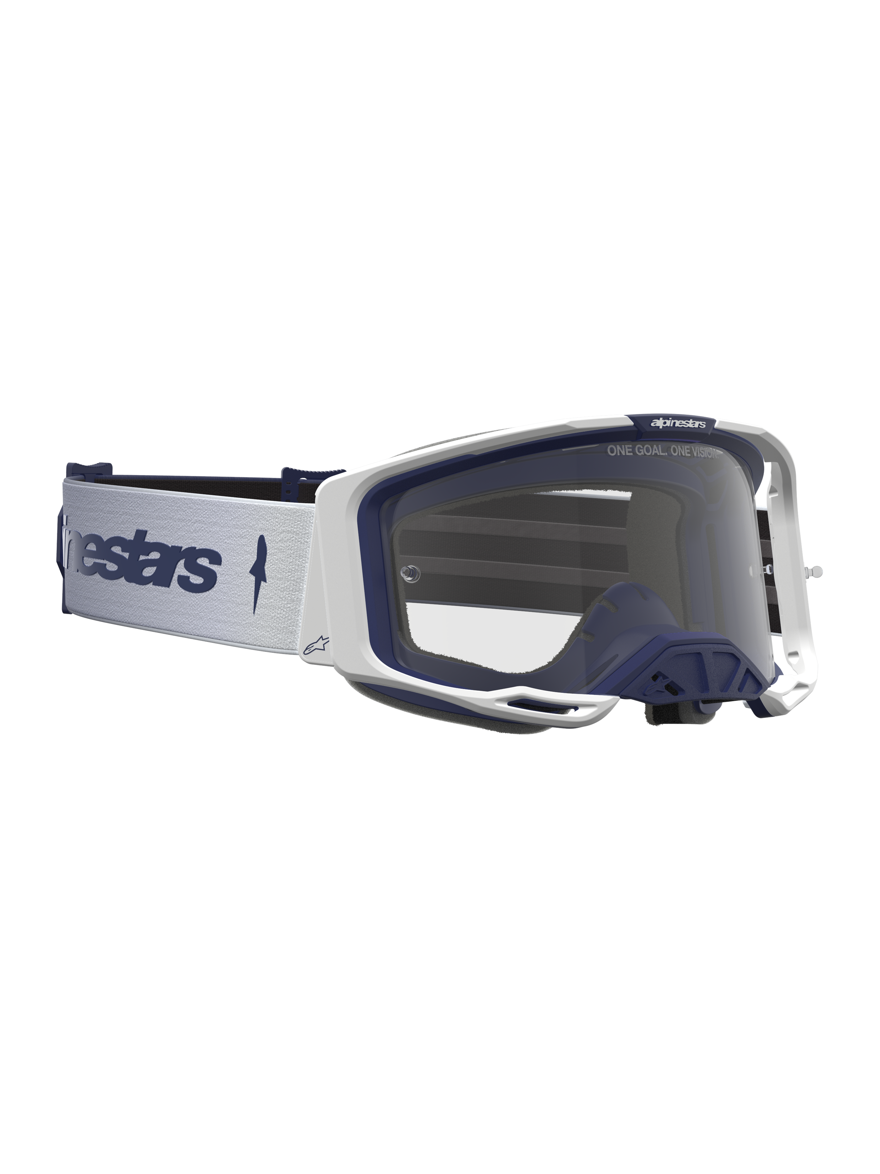 Alpinestars Vision 8 Amber, óculos de motocross para corridas de todo-o-terreno, brancos e azul-marinho, lente transparente e armação A-FLEX.