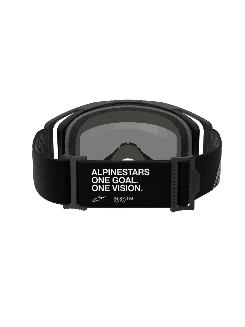 Alpinestars Vision 8 Corp Goggles, óculos de motocross, vista traseira da correia preta ajustável com a marca branca 'ALPINESTARS ONE GOAL. ONE VISION.', armação preta e acolchoamento de espuma