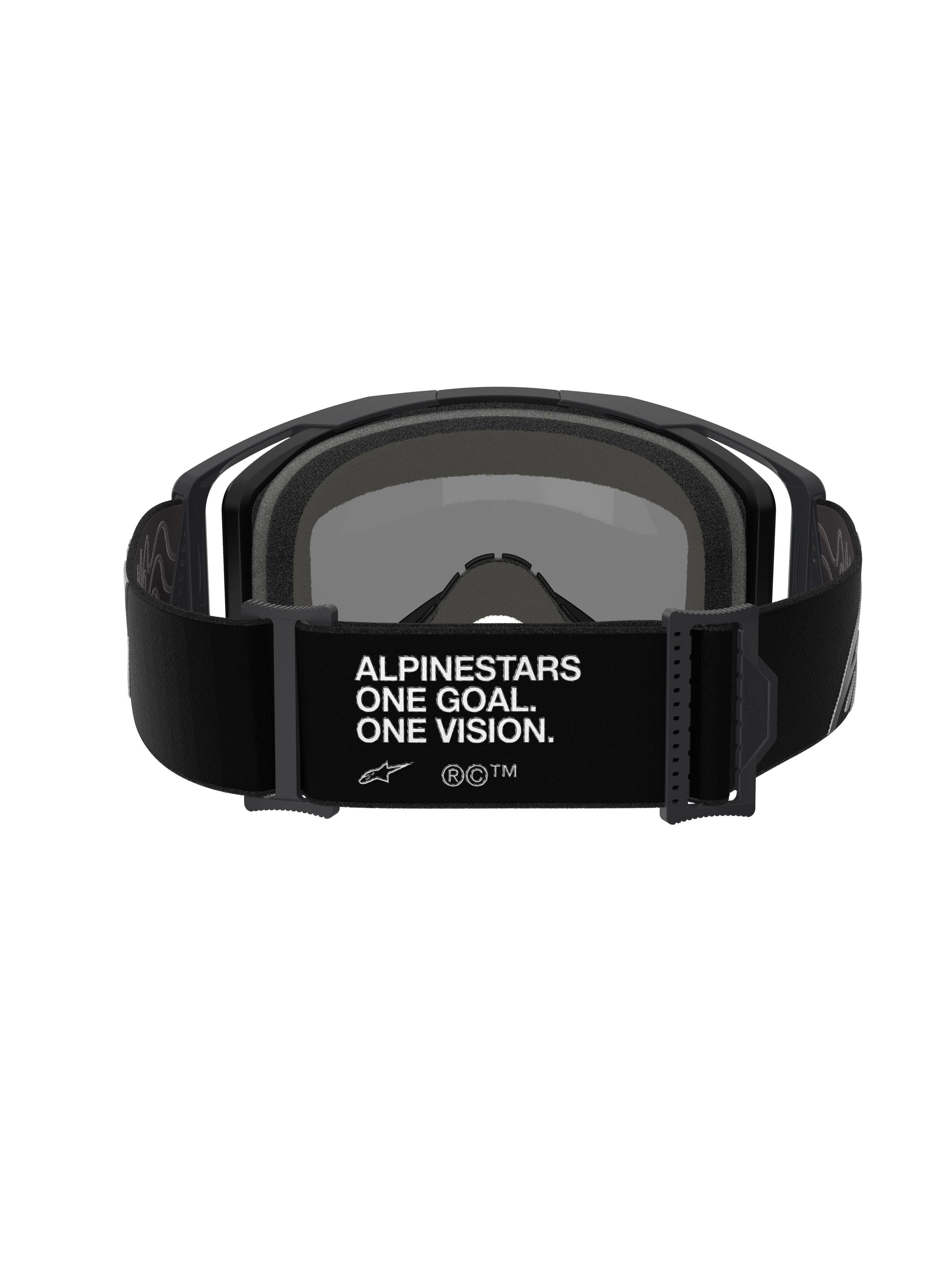 Alpinestars Vision 8 Corp Goggles, óculos de motocross, vista traseira da correia preta ajustável com a marca branca 'ALPINESTARS ONE GOAL. ONE VISION.', armação preta e acolchoamento de espuma