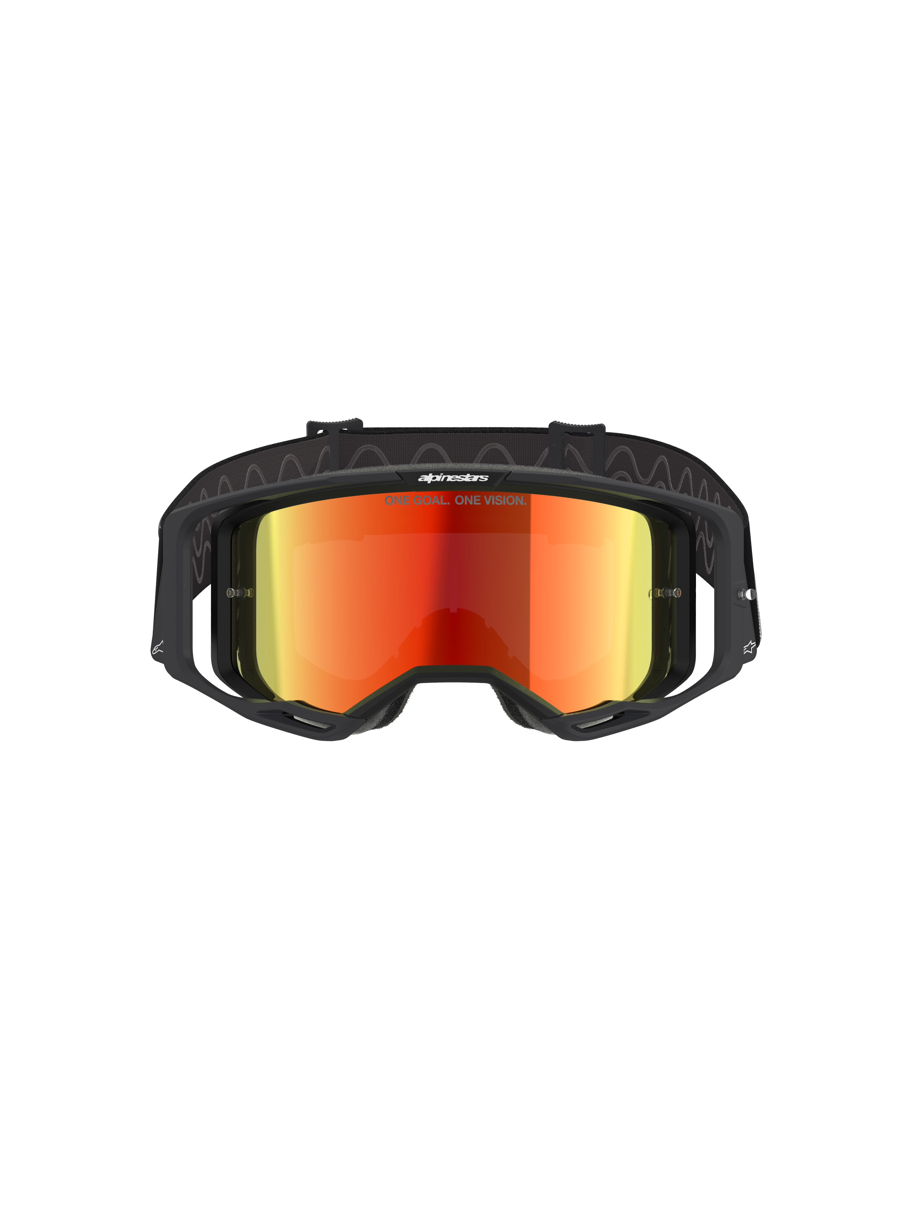 Óculos Alpinestars Vision 8 Corp, óculos de motocross, pretos e vermelho espelhado, vista frontal com lente refletora vermelha com o texto 'ONE GOAL. ONE VISION.', armação preta com ventilação RAM-AIR, correia preta ajustável, proteção ocular profissional para corridas todo-o-terreno