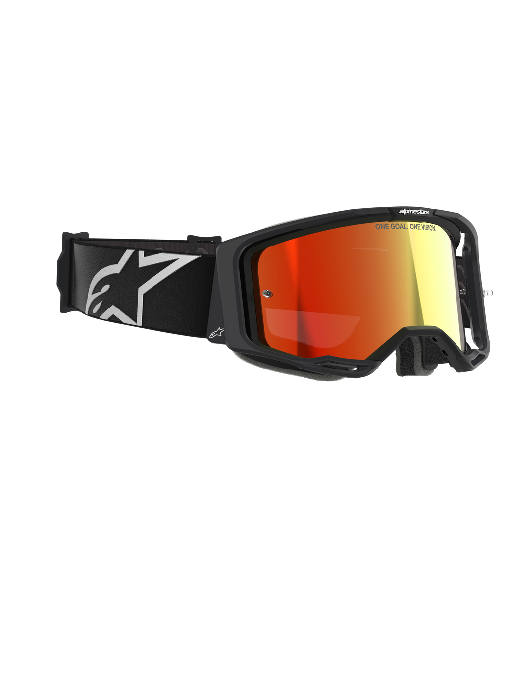 Alpinestars Vision 8 Corp Goggles, óculos de motocross, pretos com lente vermelha espelhada, com correia preta, logótipo Alpinestars branco e texto "ONE GOAL. ONE VISION." na lente, proteção ocular de alta performance para corridas todo-o-terreno