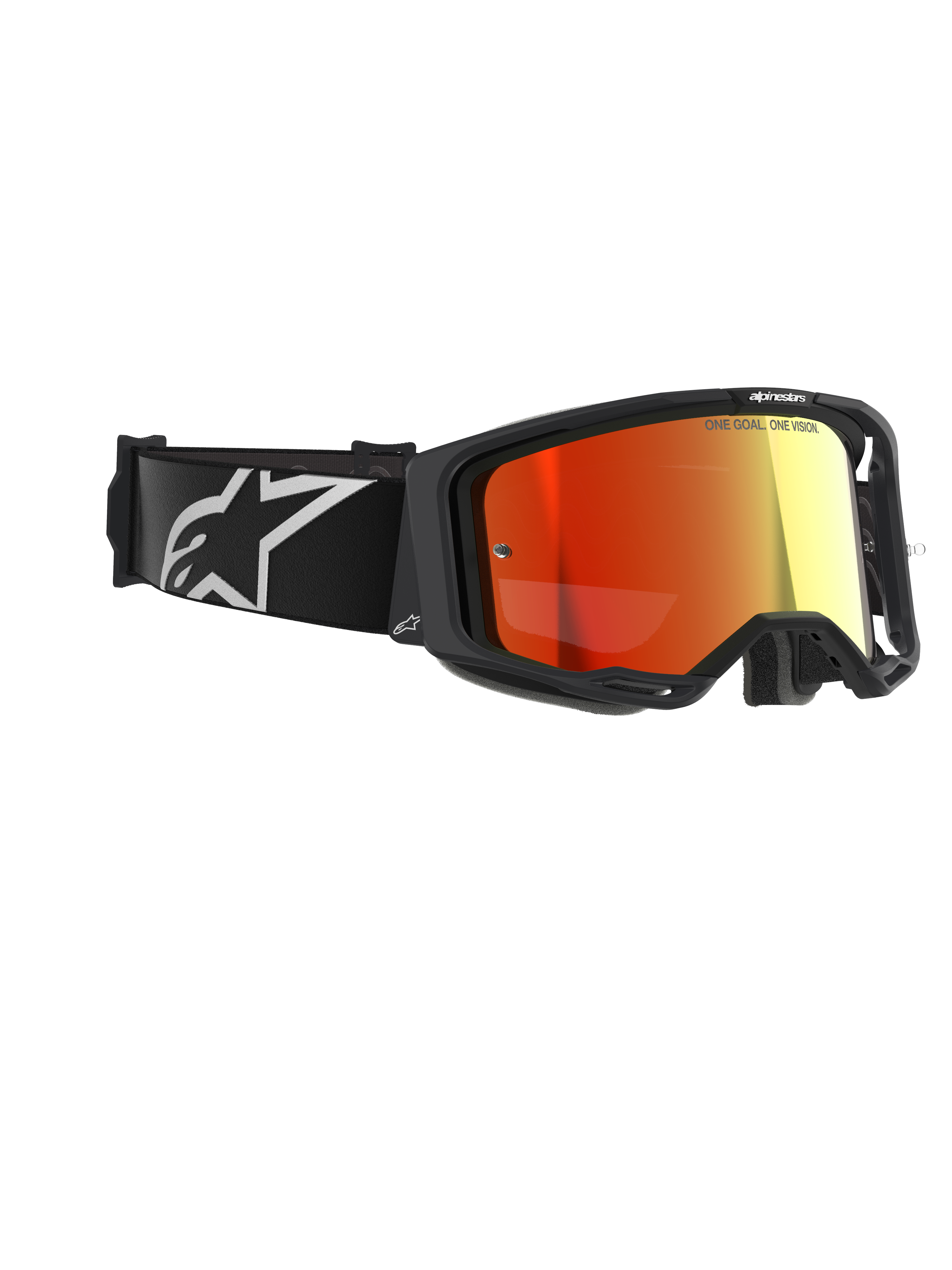 Alpinestars Vision 8 Corp Goggles, óculos de motocross, pretos com lente vermelha espelhada, com correia preta, logótipo Alpinestars branco e texto "ONE GOAL. ONE VISION." na lente, proteção ocular de alta performance para corridas todo-o-terreno
