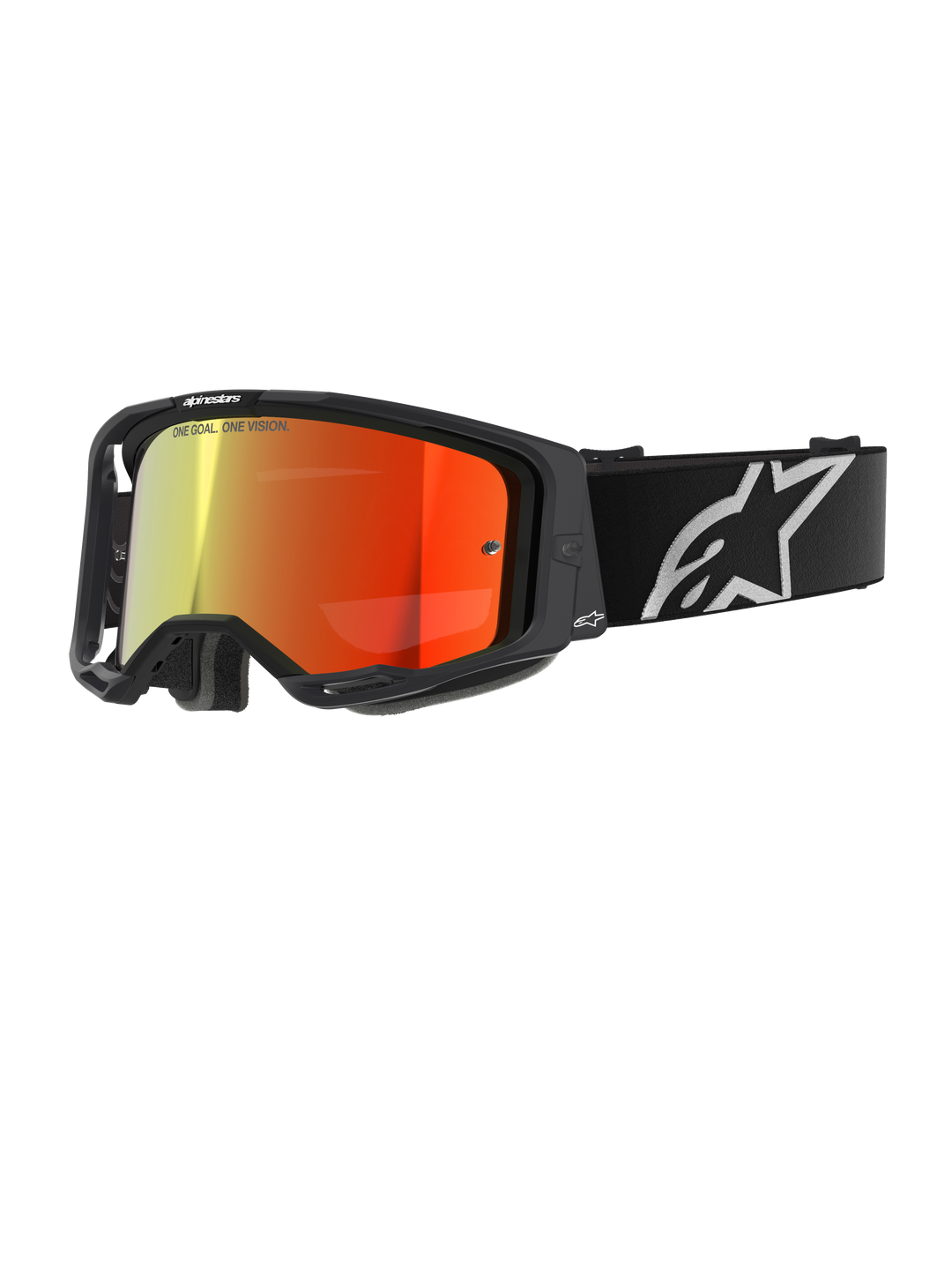 Alpinestars Vision 8 Corp Goggles, óculos de motocross, pretos com lente espelhada vermelha, gradiente refletor de amarelo para vermelho, correia preta ajustável com logótipo de estrela branco grande, acolchoamento de espuma facial cinzento, design de alta performance para corridas off-road