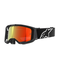 Alpinestars Vision 8 Corp Goggles, óculos de motocross, pretos com lente espelhada vermelha, gradiente refletor de amarelo para vermelho, correia preta ajustável com logótipo de estrela branco grande, acolchoamento de espuma facial cinzento, design de alta performance para corridas off-road