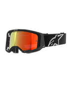 Alpinestars Vision 8 Corp Goggles, óculos de motocross, pretos com lente espelhada vermelha, gradiente refletor de amarelo para vermelho, correia preta ajustável com logótipo de estrela branco grande, acolchoamento de espuma facial cinzento, design de alta performance para corridas off-road