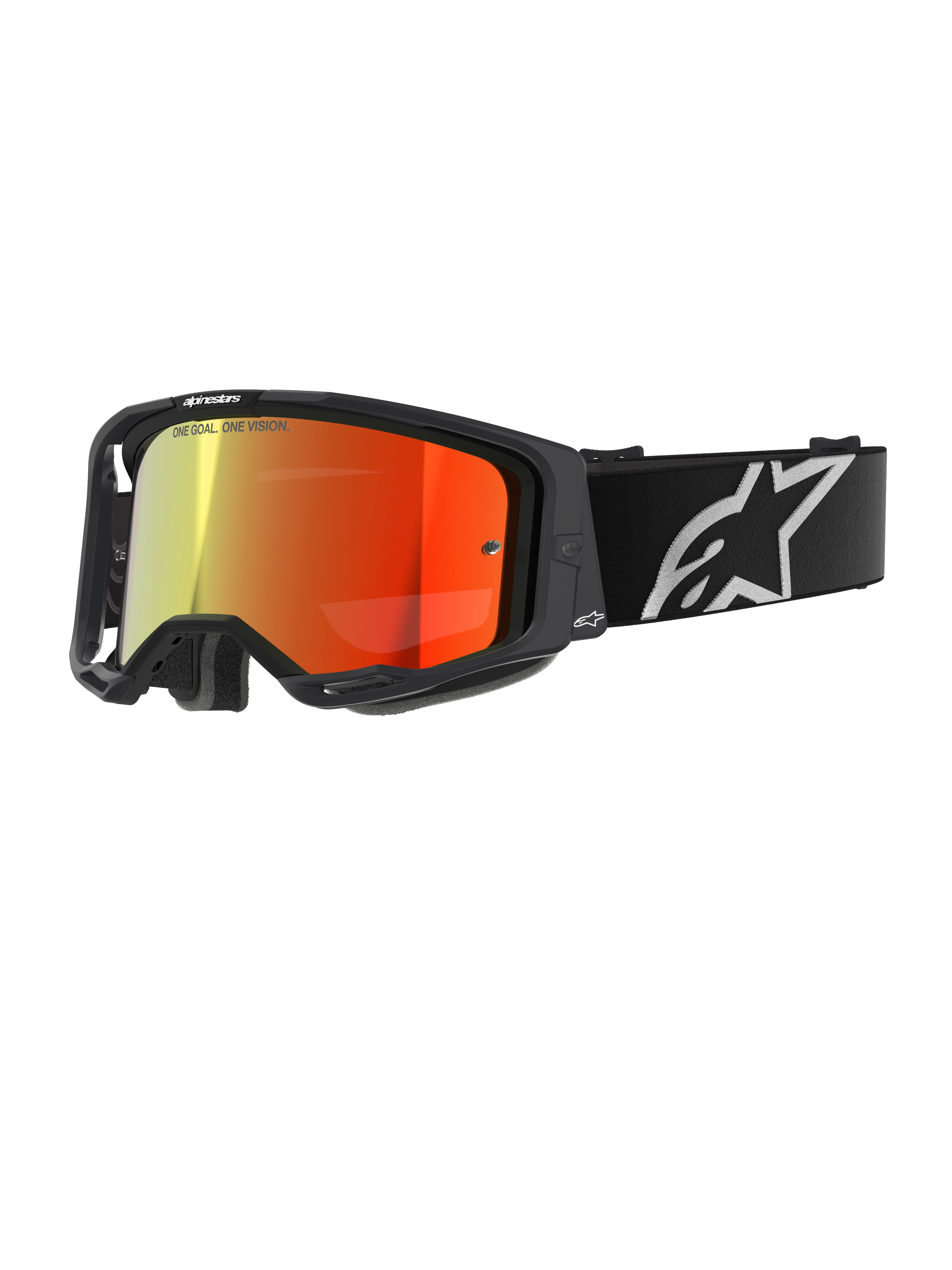 Alpinestars Vision 8 Corp Goggles, óculos de motocross, pretos com lente espelhada vermelha, gradiente refletor de amarelo para vermelho, correia preta ajustável com logótipo de estrela branco grande, acolchoamento de espuma facial cinzento, design de alta performance para corridas off-road