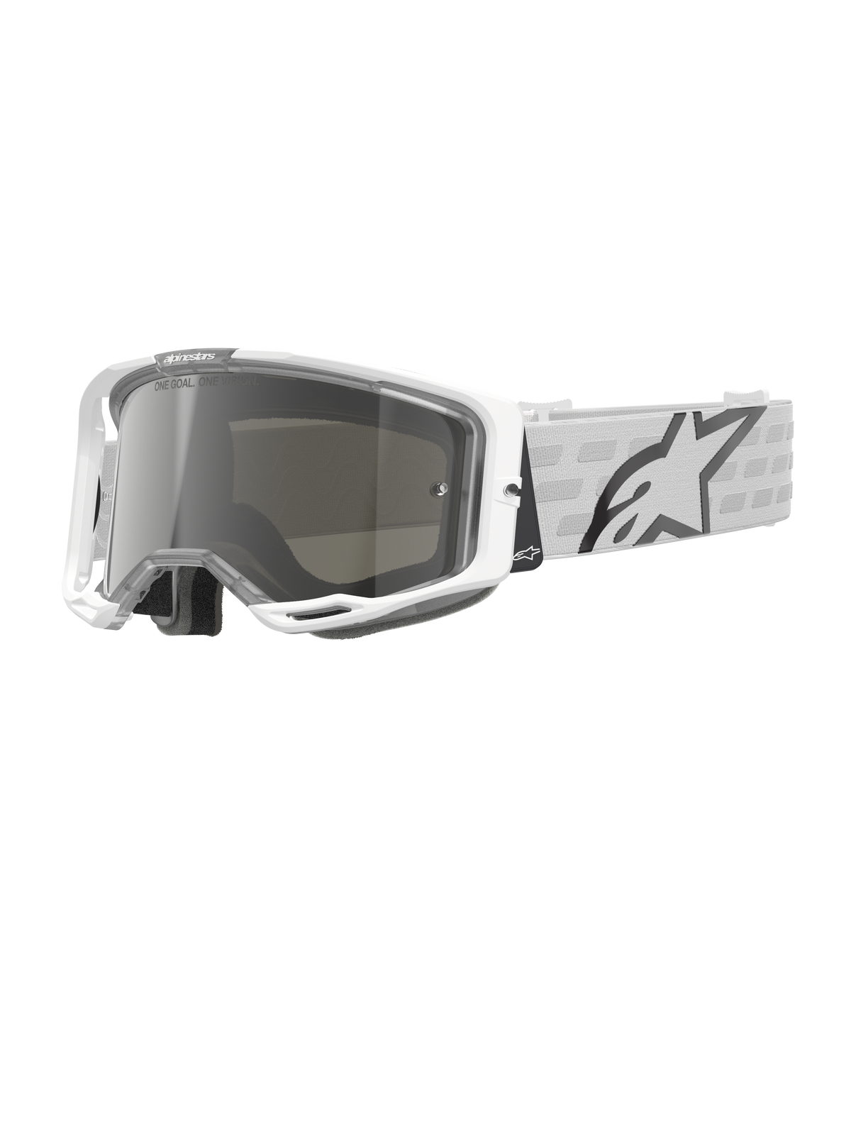 Óculos Alpinestars Vision 8 Corp, óculos de motocross brancos, lente espelhada prateada, correia com padrão cinzento e branco, óculos de corrida todo-o-terreno, forro interior acolchoado, armação retangular moderna