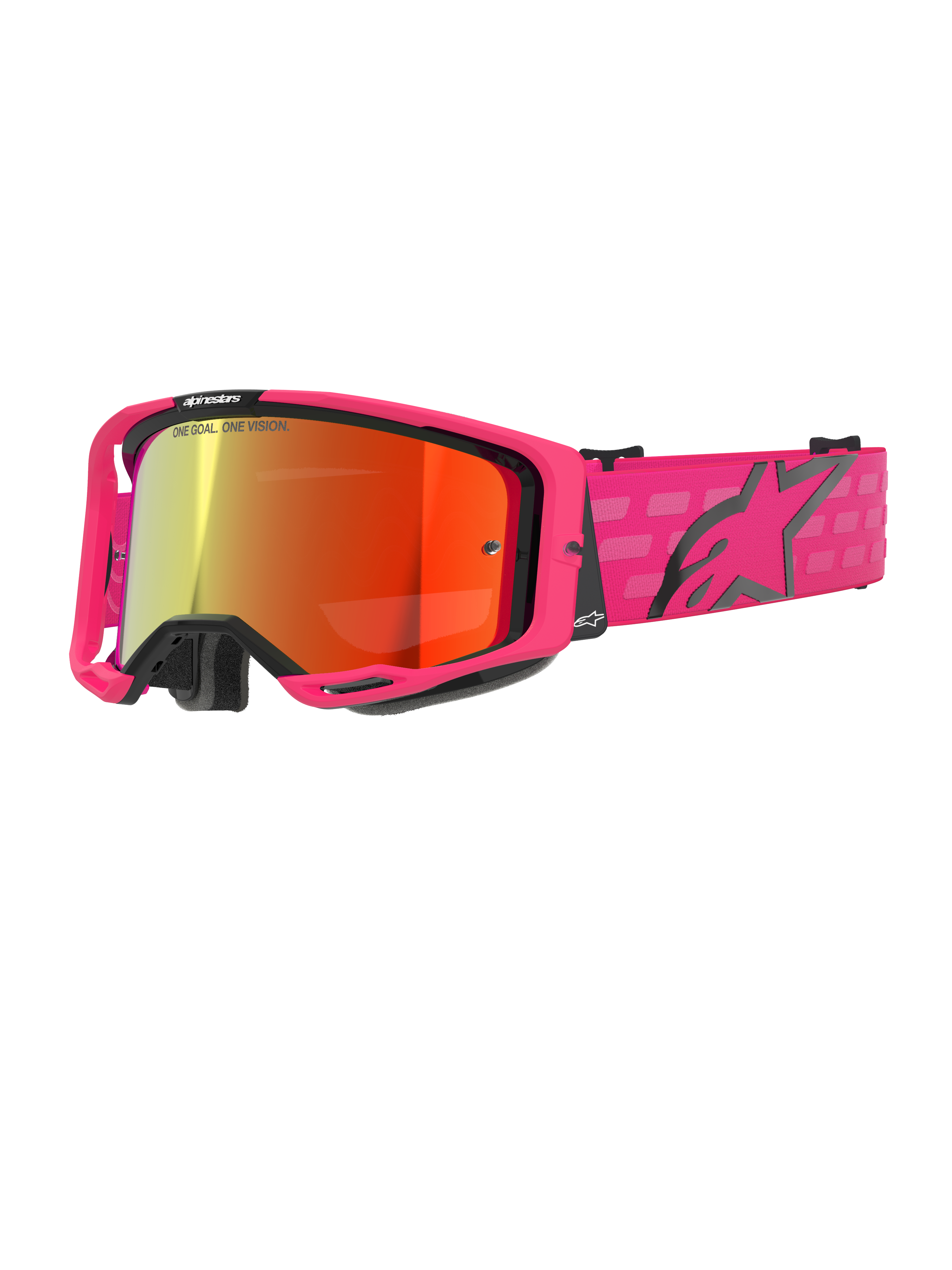 Alpinestars Vision 8 Corp Goggles, óculos de motocross, rosa e vermelho espelhado, armação rosa com detalhes pretos, correia rosa ajustável com logótipo preto e padrão axadrezado, proteção ocular profissional para todo-o-terreno