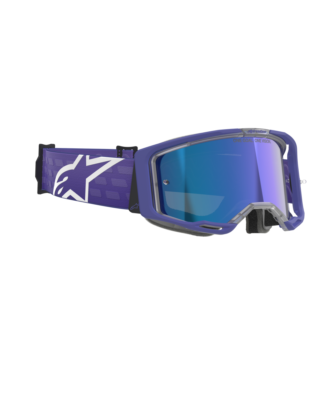 Alpinestars Vision 8 Corp Goggles, óculos de motocross, Roxo e Azul Espelhado, com armação roxa e lente azul espelhada anti-embaciamento, correia larga roxa com logótipo branco da Alpinestars, proteção ocular de alto desempenho para corridas todo-o-terreno