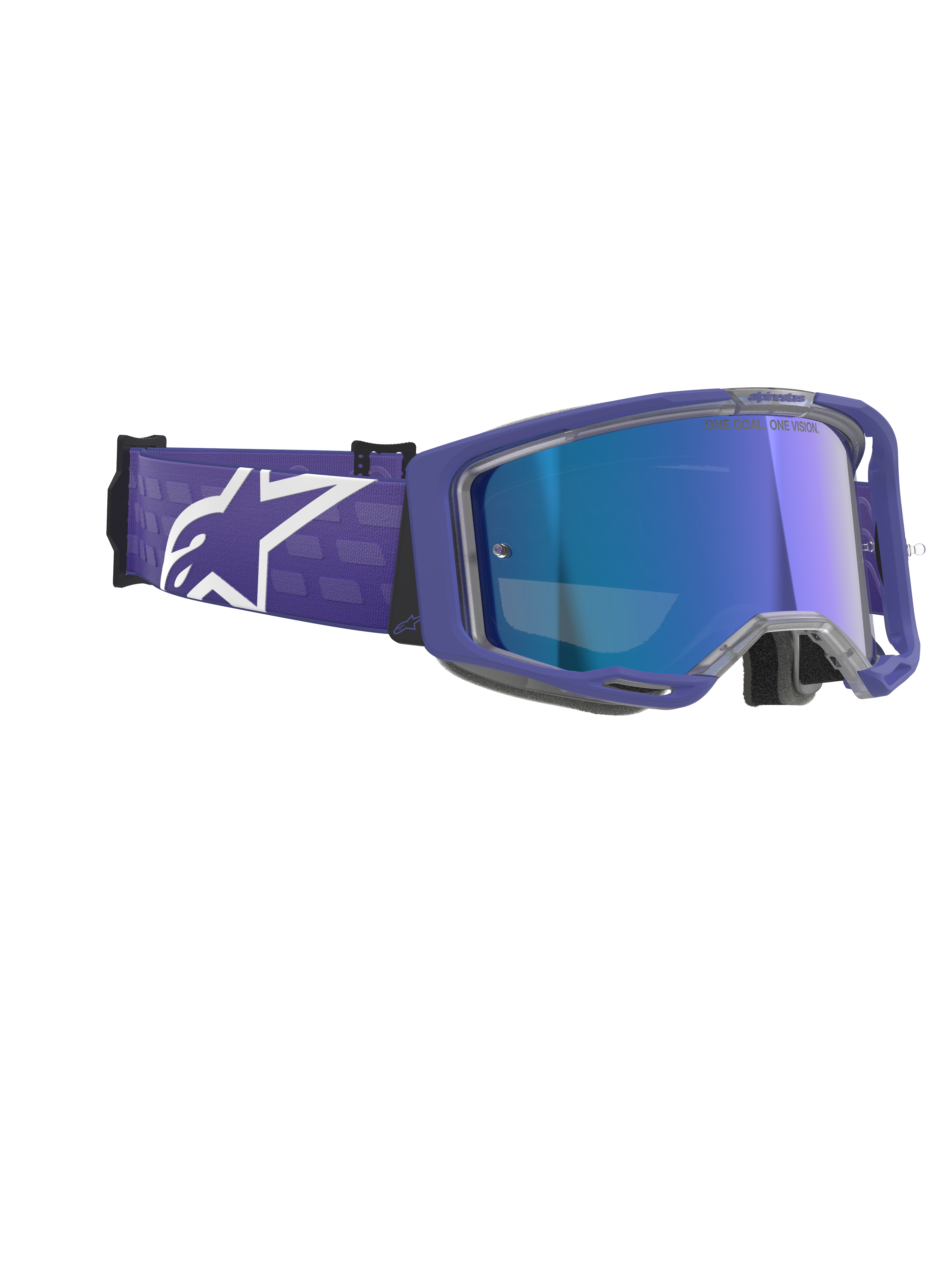 Alpinestars Vision 8 Corp Goggles, óculos de motocross, Roxo e Azul Espelhado, com armação roxa e lente azul espelhada anti-embaciamento, correia larga roxa com logótipo branco da Alpinestars, proteção ocular de alto desempenho para corridas todo-o-terreno