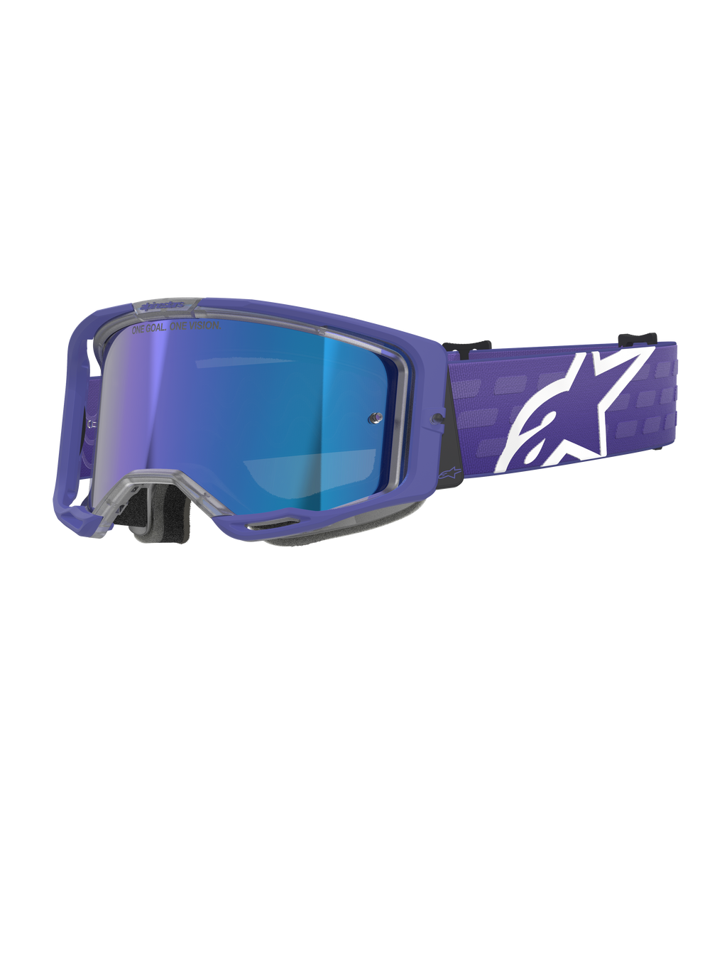 Alpinestars Vision 8 Corp Goggles, óculos de motocross, roxo e azul espelhado, lente azul refletora com o texto 'One Goal. One Vision.', armação roxa com fita larga e logótipo Alpinestars branco, proteção ocular para todo-o-terreno