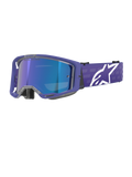 Alpinestars Vision 8 Corp Goggles, óculos de motocross, roxo e azul espelhado, lente azul refletora com o texto 'One Goal. One Vision.', armação roxa com fita larga e logótipo Alpinestars branco, proteção ocular para todo-o-terreno