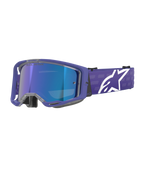Alpinestars Vision 8 Corp Goggles, óculos de motocross, roxo e azul espelhado, lente azul refletora com o texto 'One Goal. One Vision.', armação roxa com fita larga e logótipo Alpinestars branco, proteção ocular para todo-o-terreno