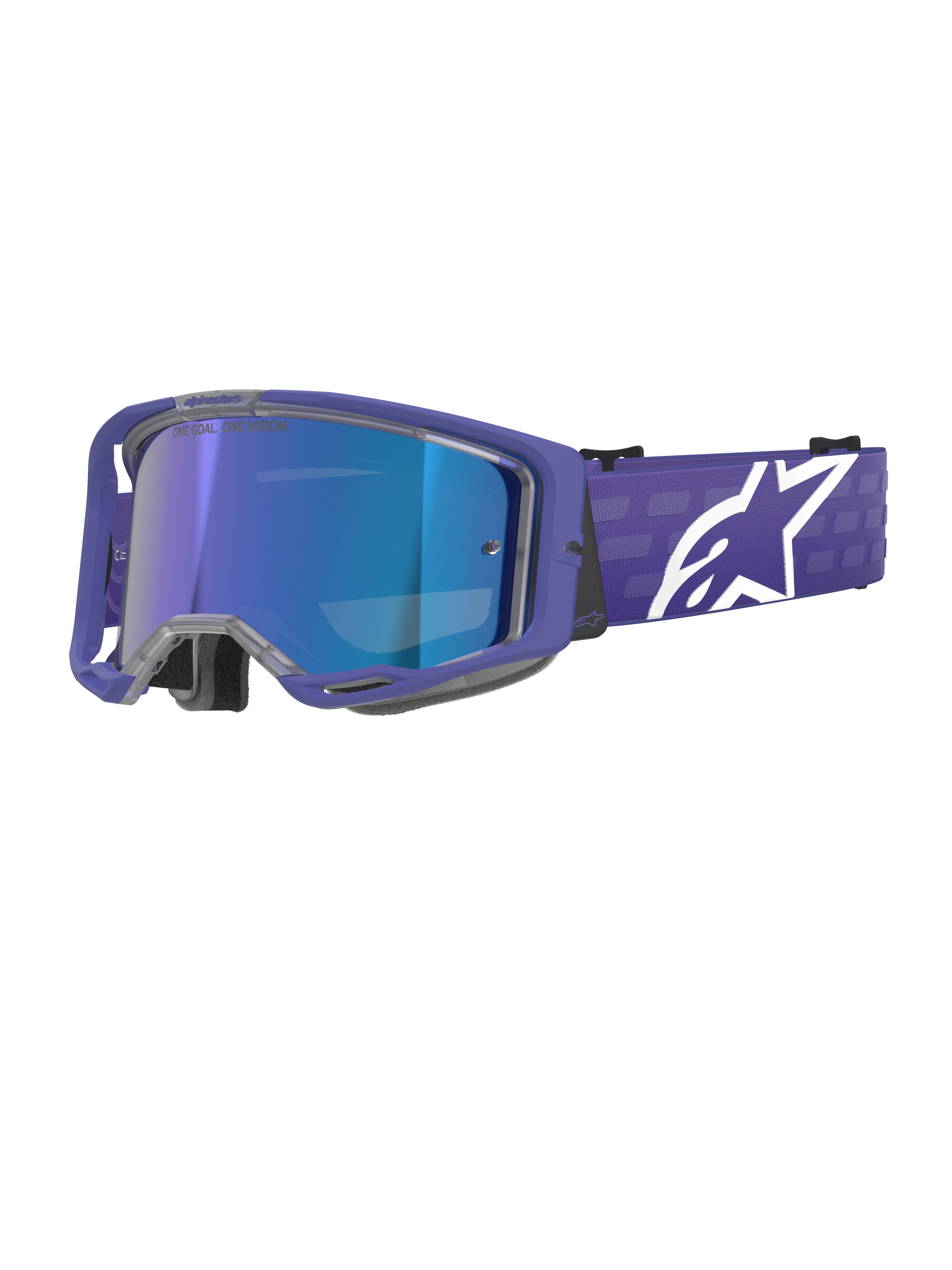 Alpinestars Vision 8 Corp Goggles, óculos de motocross, roxo e azul espelhado, lente azul refletora com o texto 'One Goal. One Vision.', armação roxa com fita larga e logótipo Alpinestars branco, proteção ocular para todo-o-terreno