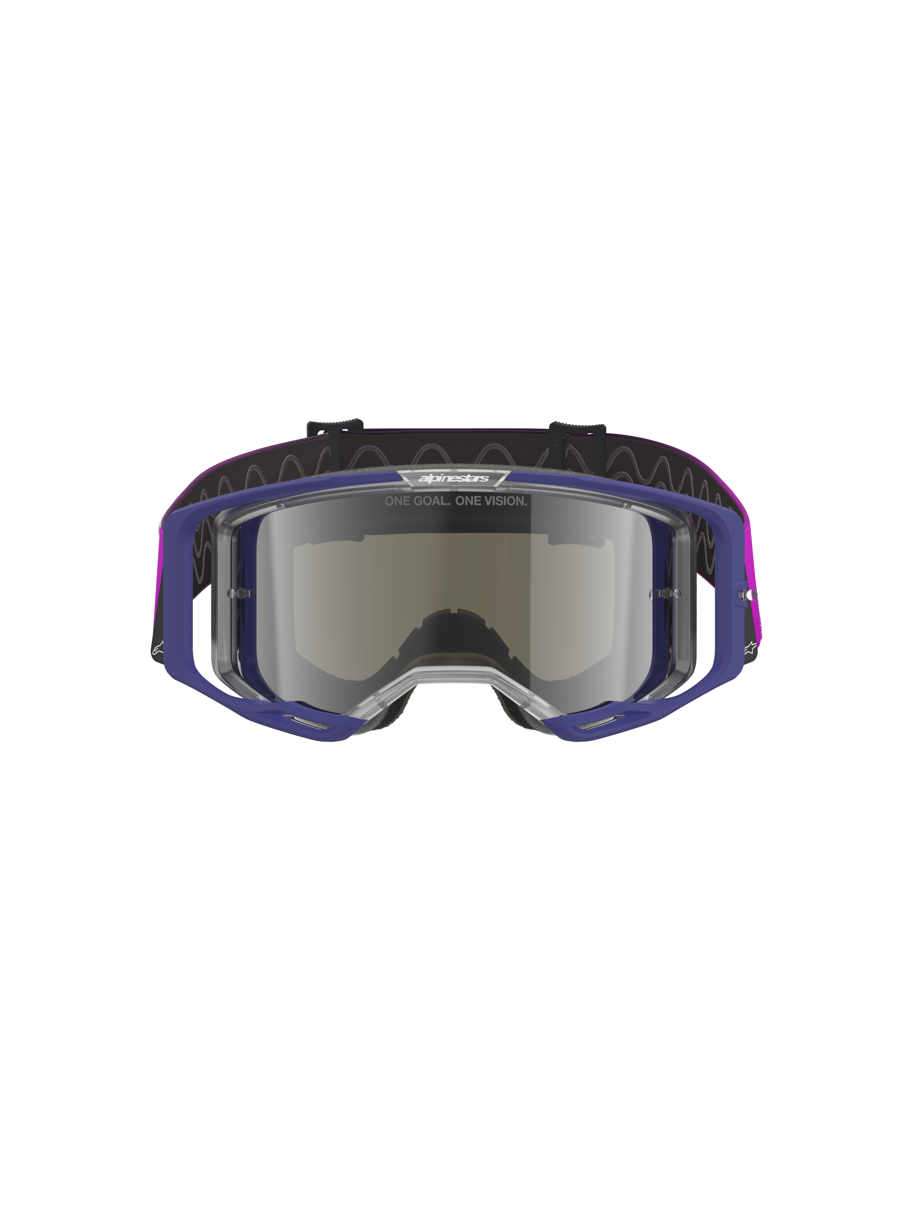 Alpinestars Vision 8 Corp Goggles, Motocross goggles with purple frame and light gray mirror silver lens, A-FLEX lightweight construction, RAM-AIR ventilation, "ONE GOAL. ONE VISION." branding on lens, purple strap, professional off-road eye protection