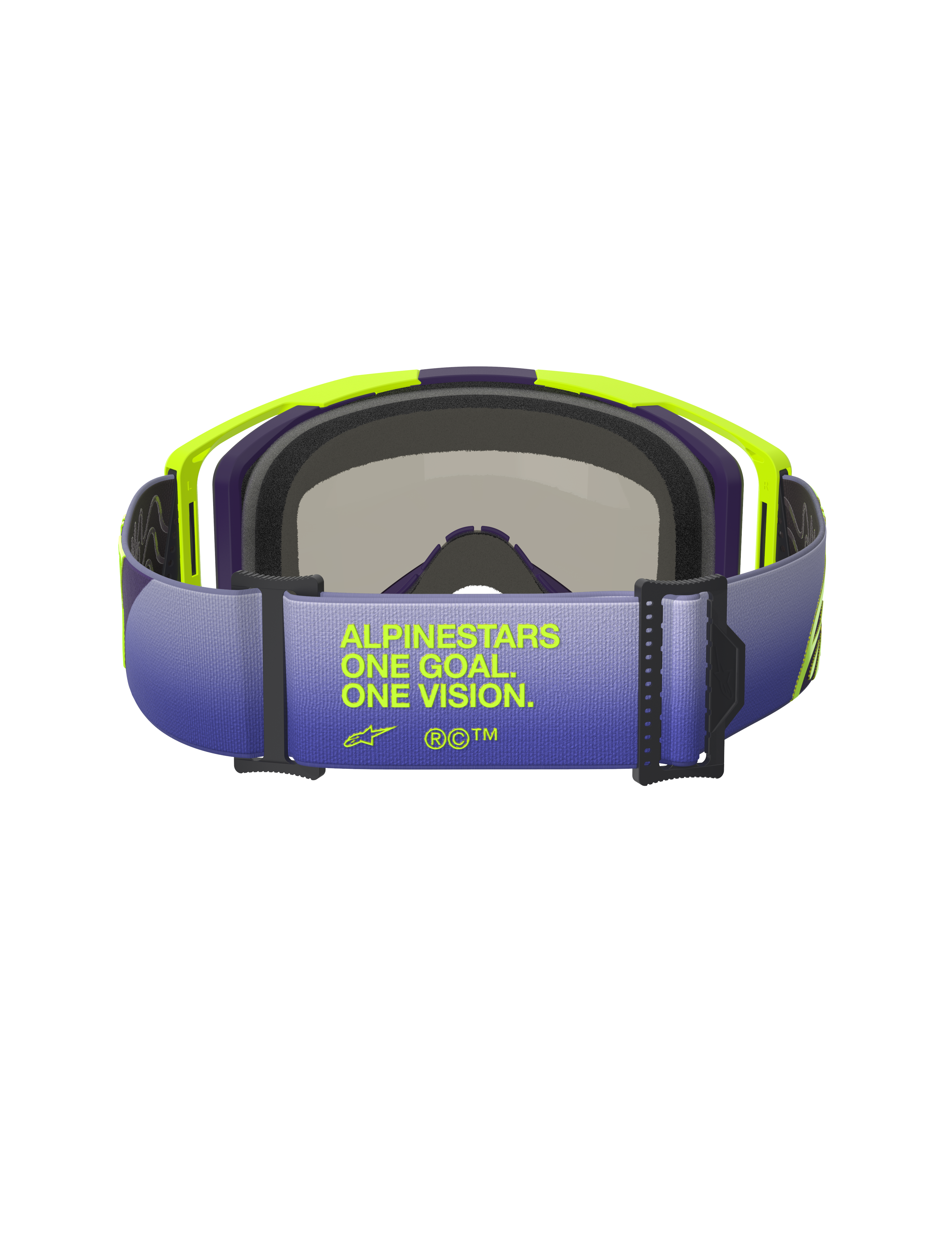 Óculos Alpinestars Vision 8 Corp, vista traseira com foco na correia em degradê roxo e azul, com o texto 'ALPINESTARS ONE GOAL. ONE VISION.' em amarelo fluorescente, armação A-FLEX em amarelo vibrante e roxo com espuma facial preta, óculos de motocross profissionais.