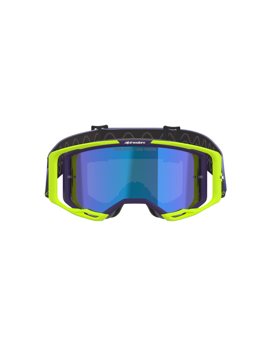 Óculos Alpinestars Vision 8 Corp, óculos de motocross, roxo e amarelo fluorescente, com lente azul espelhada, armação A-FLEX amarela fluorescente com detalhes roxos e correia roxa ajustável, equipamento de proteção ocular de alta performance para todo-o-terreno