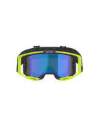 Óculos Alpinestars Vision 8 Corp, óculos de motocross, roxo e amarelo fluorescente, com lente azul espelhada, armação A-FLEX amarela fluorescente com detalhes roxos e correia roxa ajustável, equipamento de proteção ocular de alta performance para todo-o-terreno