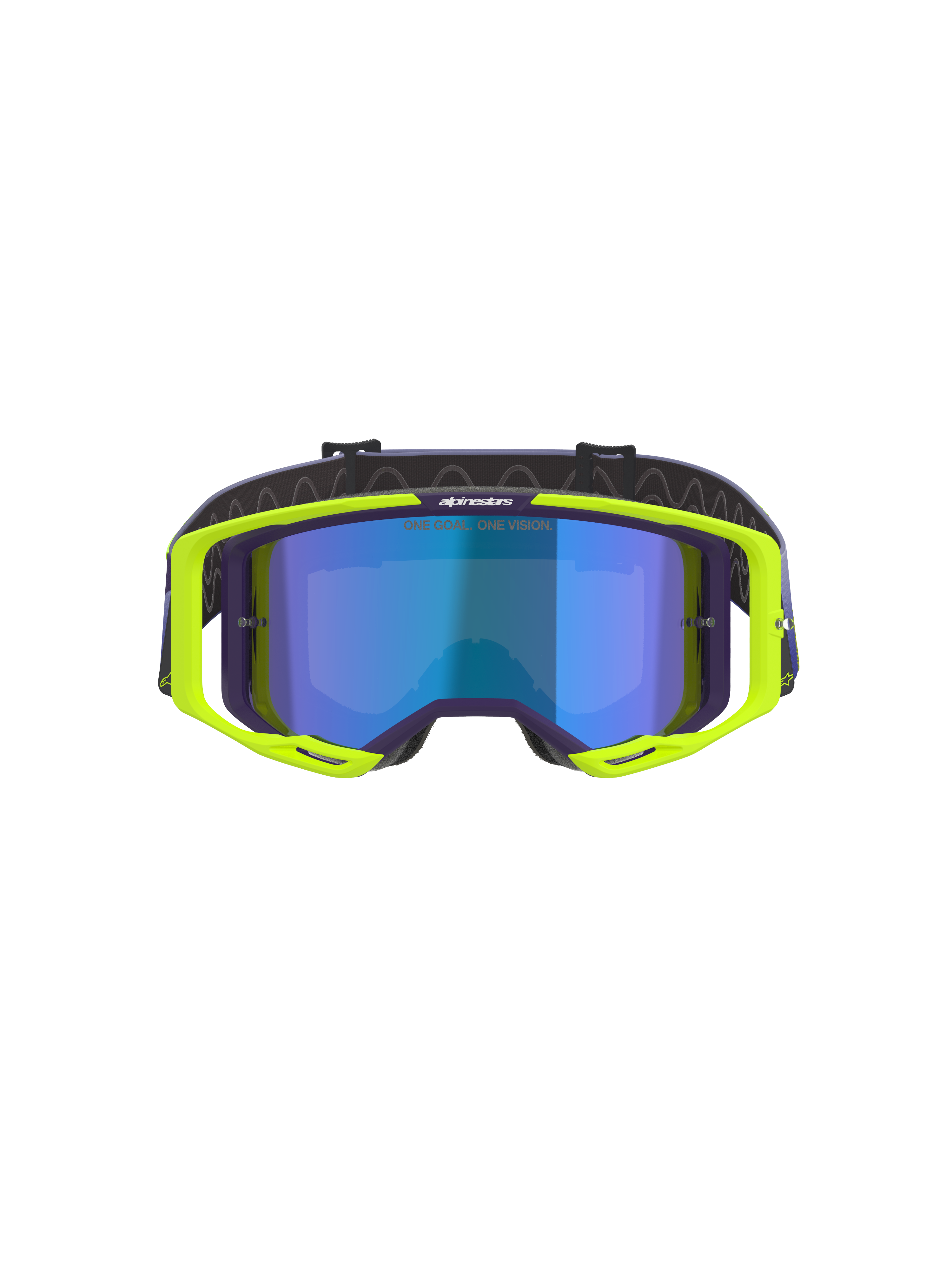 Óculos Alpinestars Vision 8 Corp, óculos de motocross, roxo e amarelo fluorescente, com lente azul espelhada, armação A-FLEX amarela fluorescente com detalhes roxos e correia roxa ajustável, equipamento de proteção ocular de alta performance para todo-o-terreno