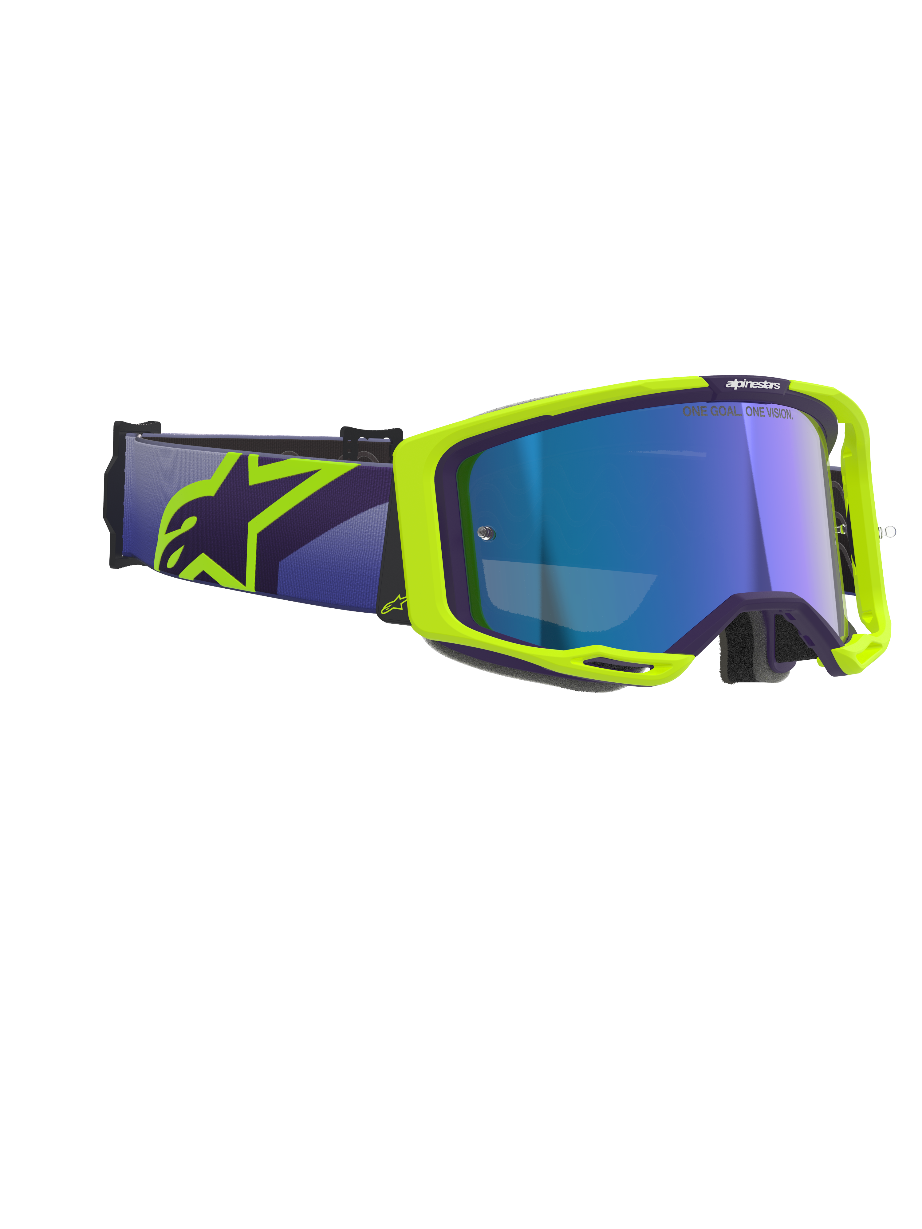 Óculos Alpinestars Vision 8 Corp, óculos de motocross, roxo e amarelo fluorescente, com lente azul espelhada, correia larga roxa com logótipo Alpinestars em amarelo vibrante, armação flexível com detalhes de ventilação para performance em todo-o-terreno