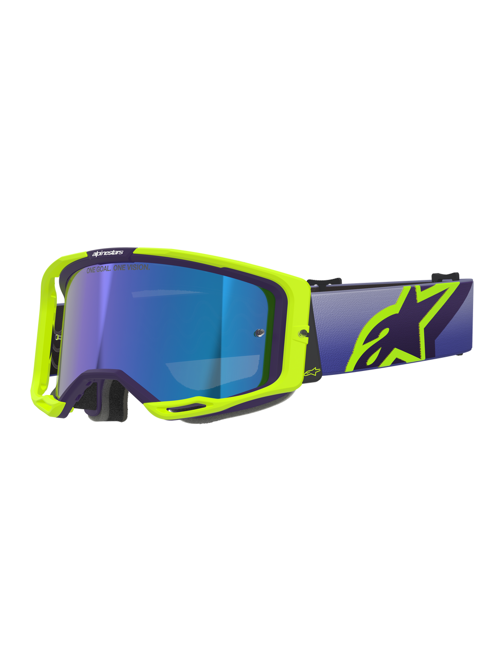Óculos Alpinestars Vision 8 Corp, óculos de motocross, armação roxa e amarela fluo com lente de tonalidade azul espelhada, com uma correia larga roxa e logótipo Alpinestars amarelo vibrante, óculos de alto desempenho para competições todo-o-terreno
