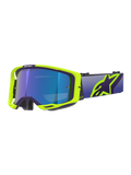 Óculos Alpinestars Vision 8 Corp, óculos de motocross, armação roxa e amarela fluo com lente de tonalidade azul espelhada, com uma correia larga roxa e logótipo Alpinestars amarelo vibrante, óculos de alto desempenho para competições todo-o-terreno