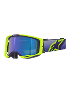 Óculos Alpinestars Vision 8 Corp, óculos de motocross, armação roxa e amarela fluo com lente de tonalidade azul espelhada, com uma correia larga roxa e logótipo Alpinestars amarelo vibrante, óculos de alto desempenho para competições todo-o-terreno