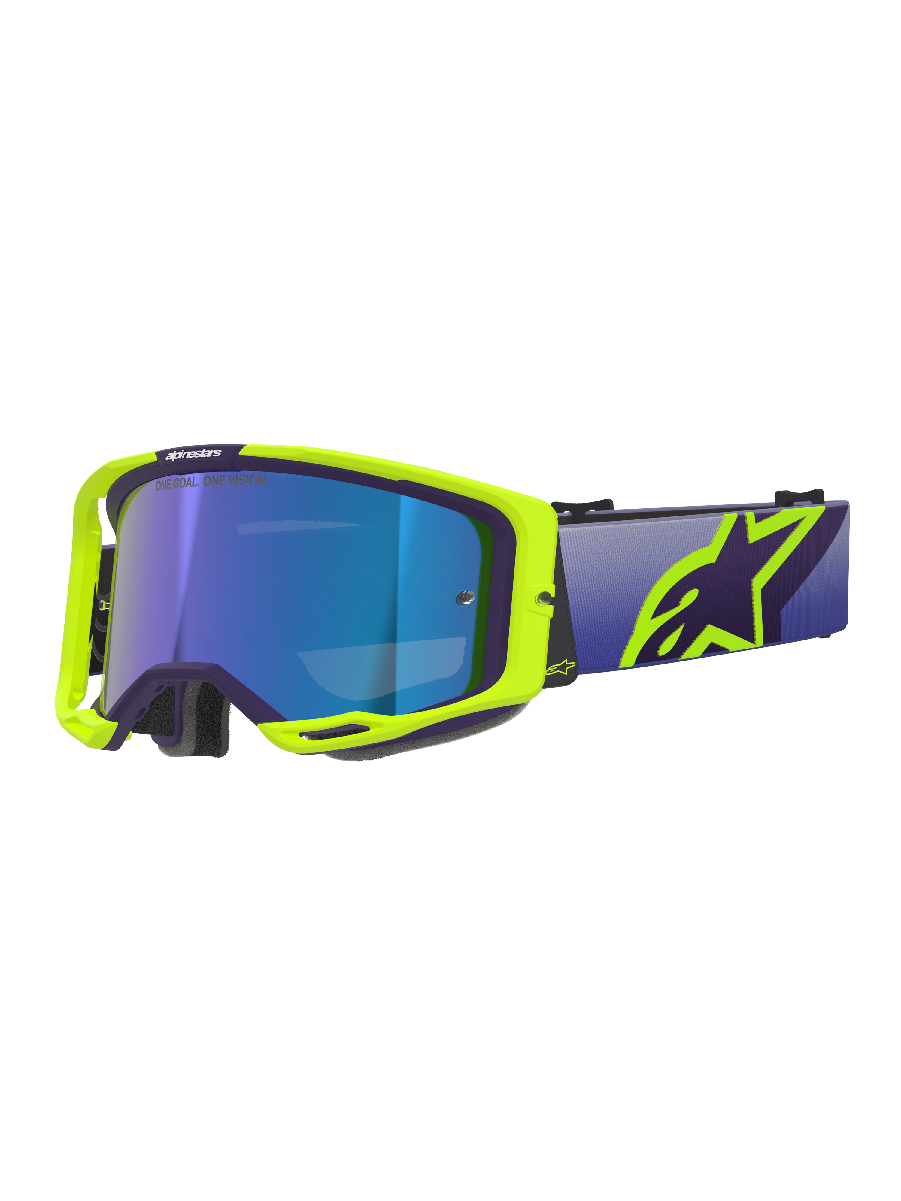 Óculos Alpinestars Vision 8 Corp, óculos de motocross, armação roxa e amarela fluo com lente de tonalidade azul espelhada, com uma correia larga roxa e logótipo Alpinestars amarelo vibrante, óculos de alto desempenho para competições todo-o-terreno