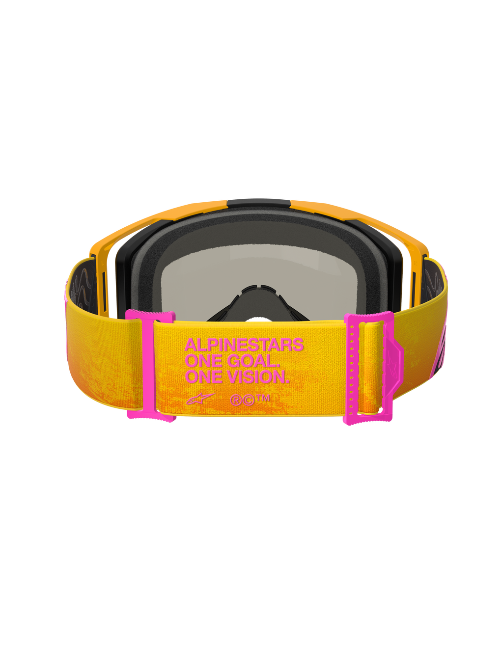 Óculos Alpinestars Vision 8 Corp, óculos de motocross, cor de laranja e amarelo com pormenores cor-de-rosa, vista traseira mostrando a correia com o texto 'ALPINESTARS ONE GOAL. ONE VISION.', ajustadores cor-de-rosa, armação cor de laranja com acolchoamento de espuma preta