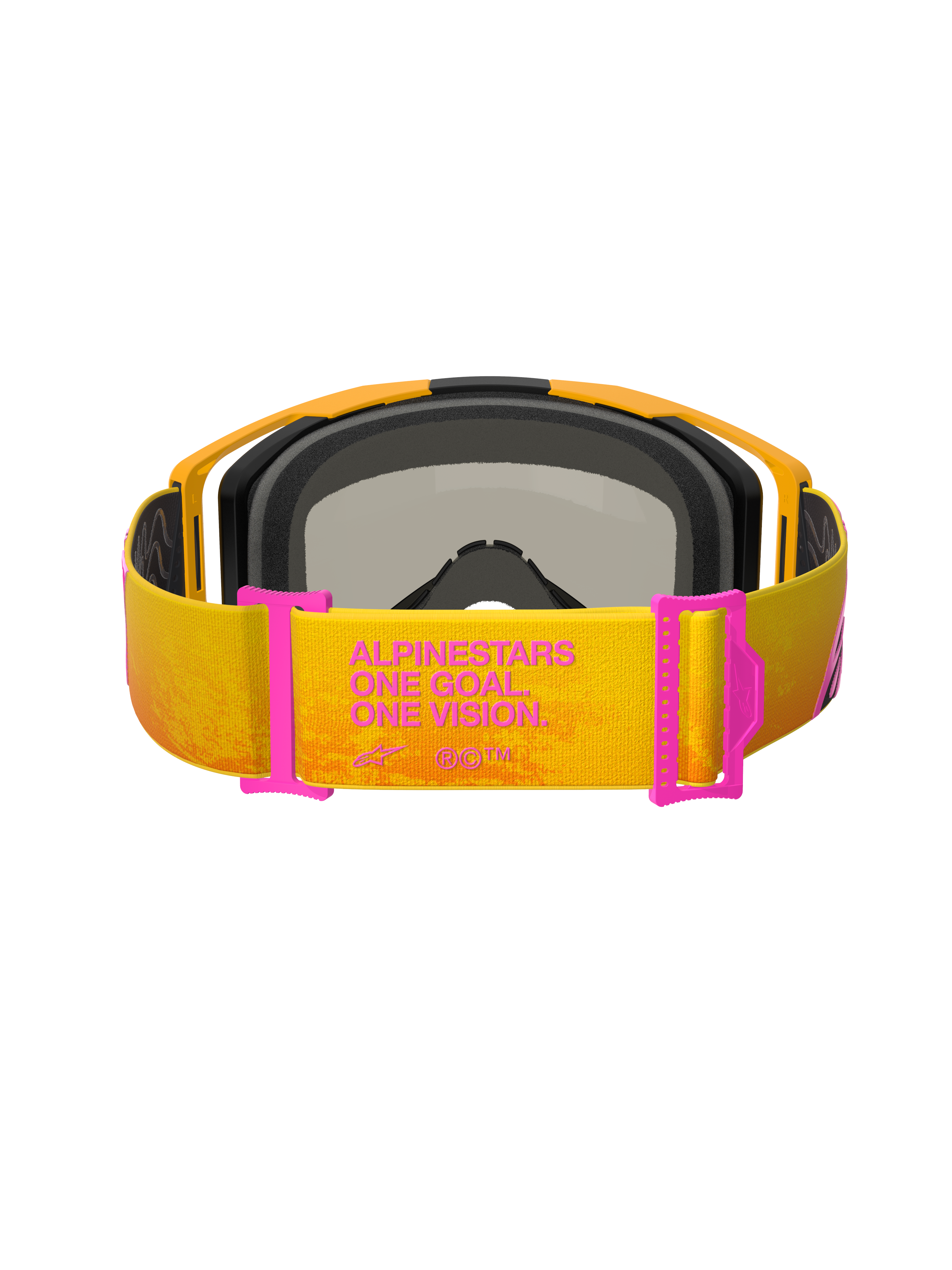 Óculos Alpinestars Vision 8 Corp, óculos de motocross, cor de laranja e amarelo com pormenores cor-de-rosa, vista traseira mostrando a correia com o texto 'ALPINESTARS ONE GOAL. ONE VISION.', ajustadores cor-de-rosa, armação cor de laranja com acolchoamento de espuma preta