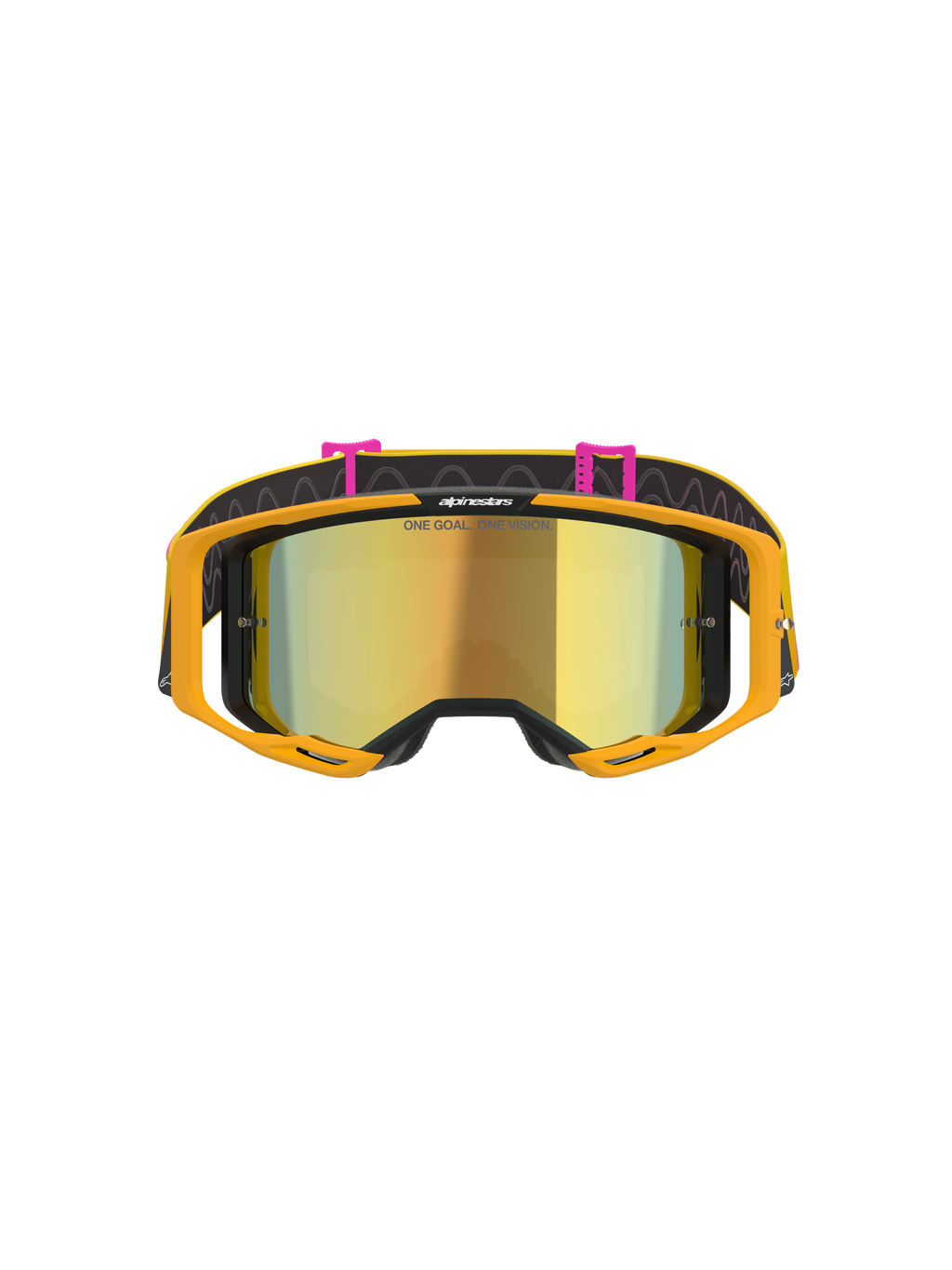 Alpinestars Vision 8 Corp Goggles, óculos de motocross, laranja, amarelo, rosa e dourado espelhado, vista frontal com lente dourada espelhada com o texto 'ONE GOAL. ONE VISION.', armação cor de laranja vibrante e correia preta com clipes cor-de-rosa e padrões de linhas onduladas.
