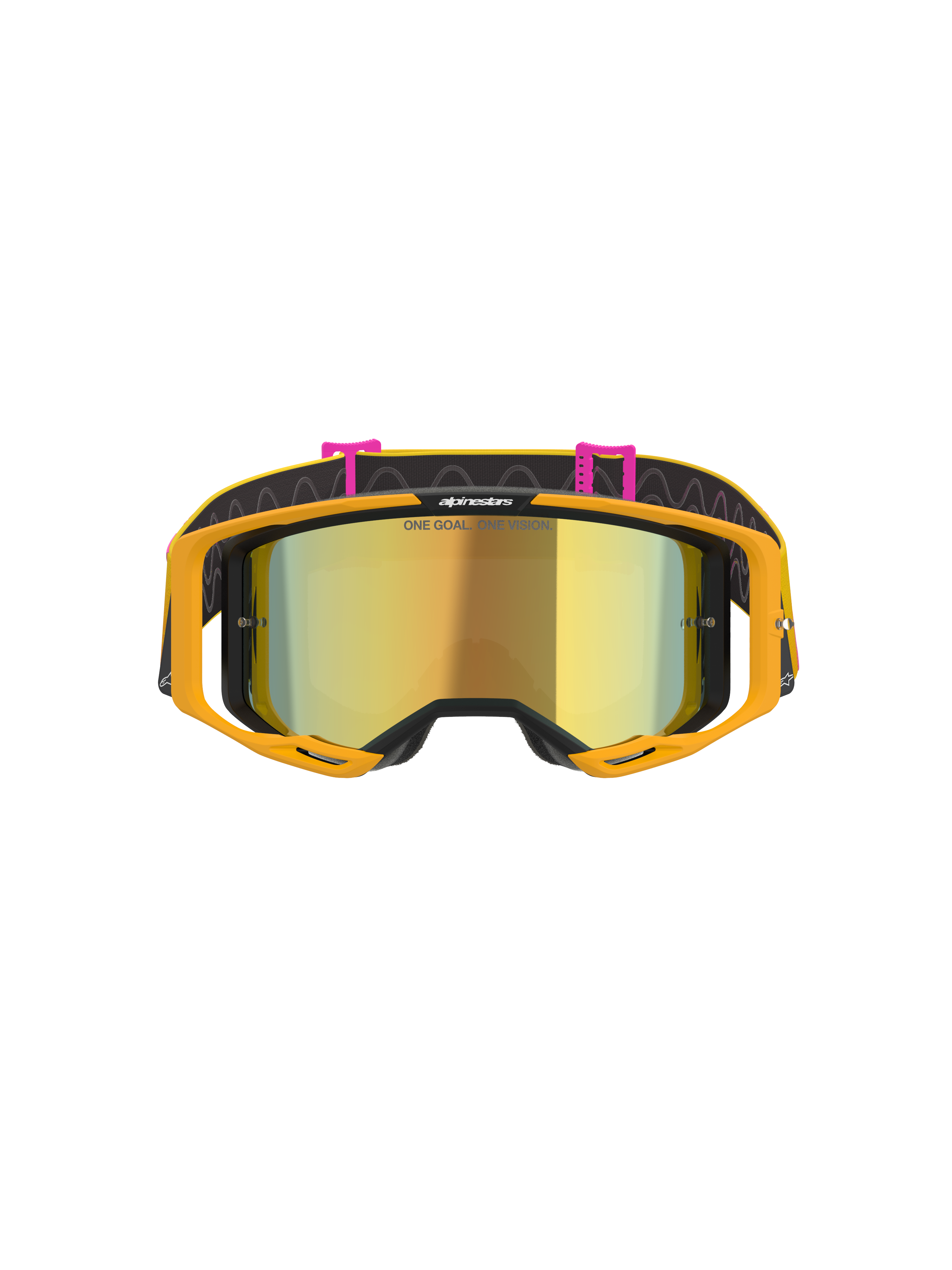 Alpinestars Vision 8 Corp Goggles, óculos de motocross, laranja, amarelo, rosa e dourado espelhado, vista frontal com lente dourada espelhada com o texto 'ONE GOAL. ONE VISION.', armação cor de laranja vibrante e correia preta com clipes cor-de-rosa e padrões de linhas onduladas.
