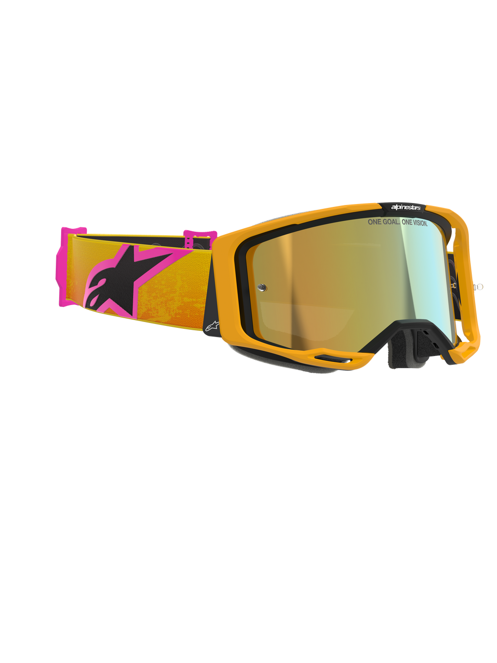 Alpinestars Vision 8 Corp Goggles, óculos de motocross, armação laranja com lente espelhada dourada, correia laranja e rosa com logótipo Alpinestars preto, design de alta performance para competições de off-road