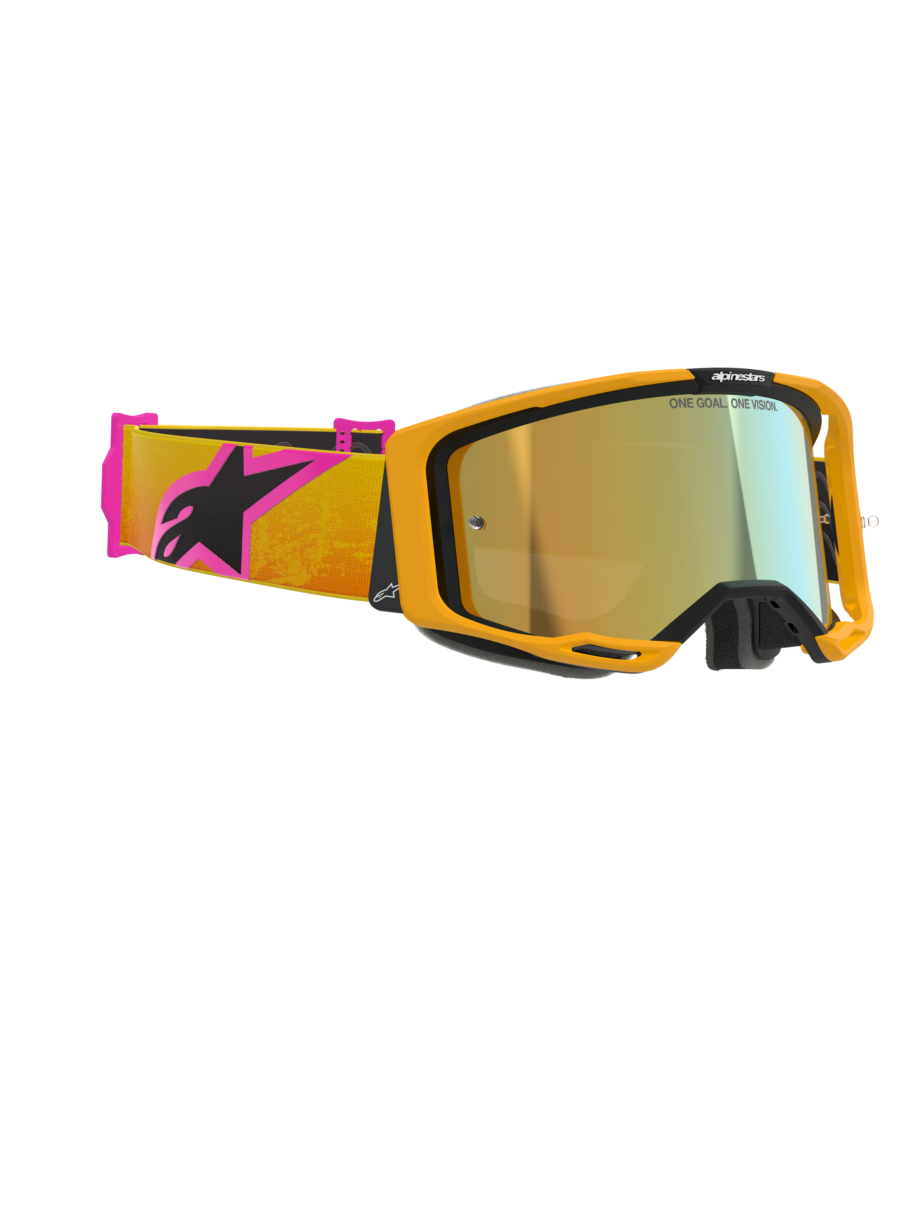 Alpinestars Vision 8 Corp Goggles, óculos de motocross, armação laranja com lente espelhada dourada, correia laranja e rosa com logótipo Alpinestars preto, design de alta performance para competições de off-road