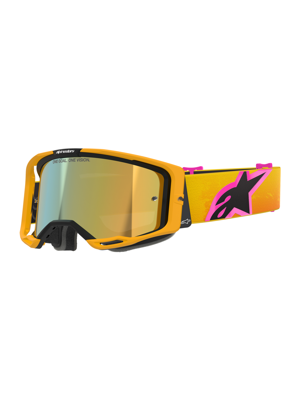 Óculos Alpinestars Vision 8 Corp, óculos de motocross, armação laranja com lente dourada espelhada, correia com gradiente amarelo e laranja com um logótipo Alpinestars grande em cor-de-rosa e preto, design elegante de alto desempenho para corridas todo-o-terreno