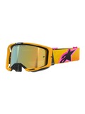 Óculos Alpinestars Vision 8 Corp, óculos de motocross, armação laranja com lente dourada espelhada, correia com gradiente amarelo e laranja com um logótipo Alpinestars grande em cor-de-rosa e preto, design elegante de alto desempenho para corridas todo-o-terreno