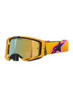 Óculos Alpinestars Vision 8 Corp, óculos de motocross, armação laranja com lente dourada espelhada, correia com gradiente amarelo e laranja com um logótipo Alpinestars grande em cor-de-rosa e preto, design elegante de alto desempenho para corridas todo-o-terreno