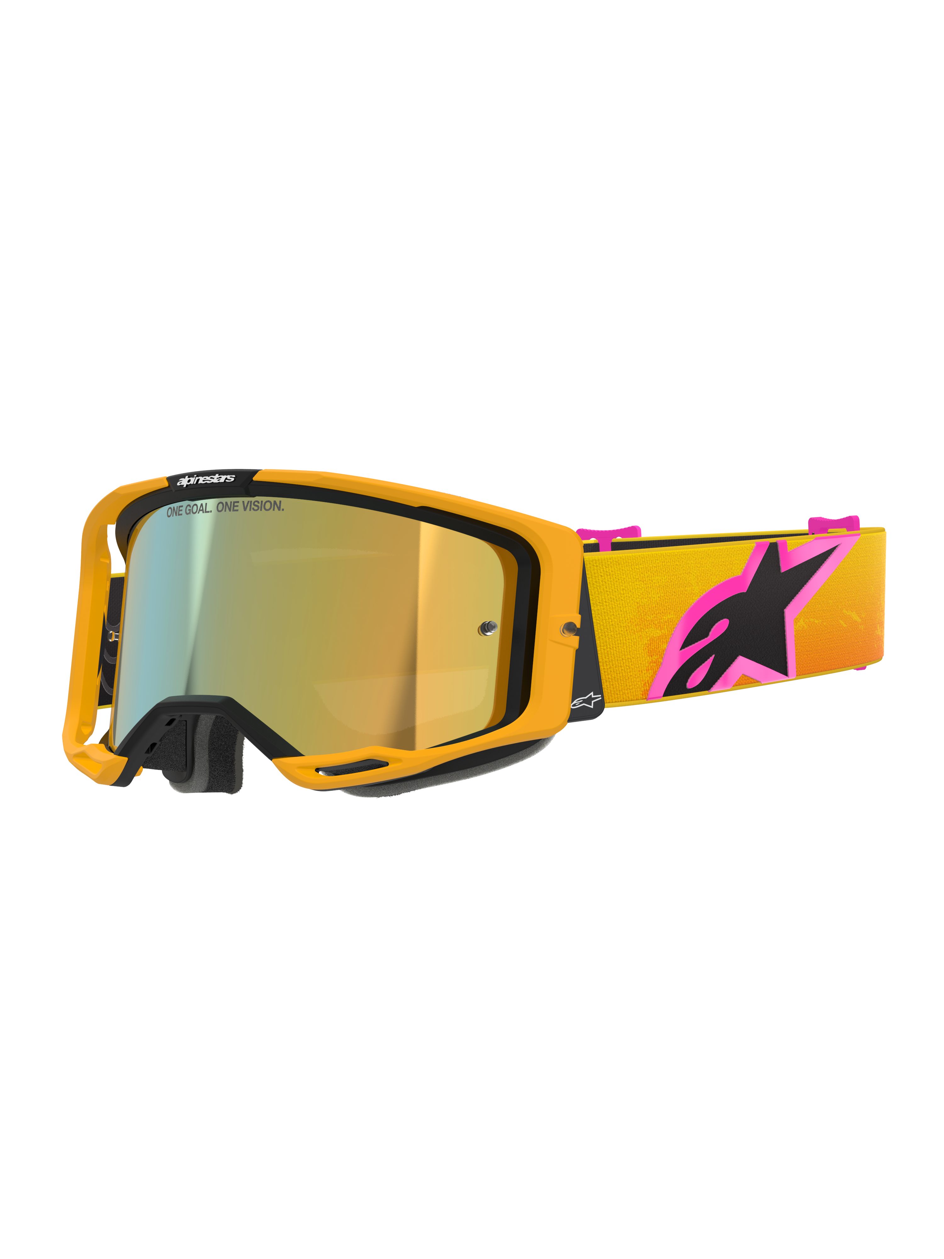 Óculos Alpinestars Vision 8 Corp, óculos de motocross, armação laranja com lente dourada espelhada, correia com gradiente amarelo e laranja com um logótipo Alpinestars grande em cor-de-rosa e preto, design elegante de alto desempenho para corridas todo-o-terreno