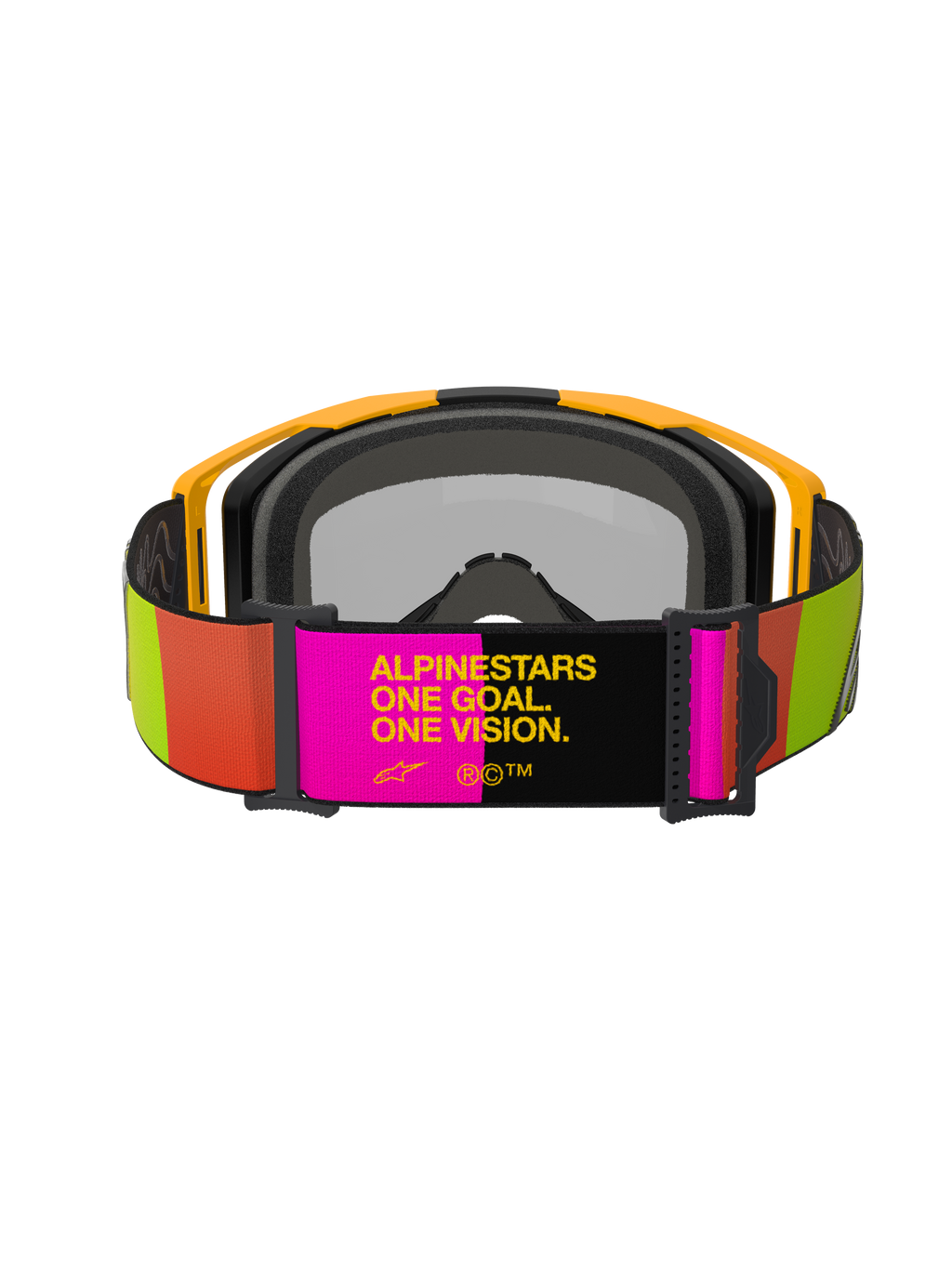 Alpinestars Vision 8 Corp Goggles, óculos de motocross, amarelos e cor-de-rosa, vista traseira com correia ajustável e slogan "ALPINESTARS ONE GOAL. ONE VISION.", detalhes em lima vibrante e laranja, armação amarela com espuma facial cinzenta