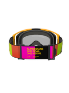 Alpinestars Vision 8 Corp Goggles, óculos de motocross, amarelos e cor-de-rosa, vista traseira com correia ajustável e slogan "ALPINESTARS ONE GOAL. ONE VISION.", detalhes em lima vibrante e laranja, armação amarela com espuma facial cinzenta