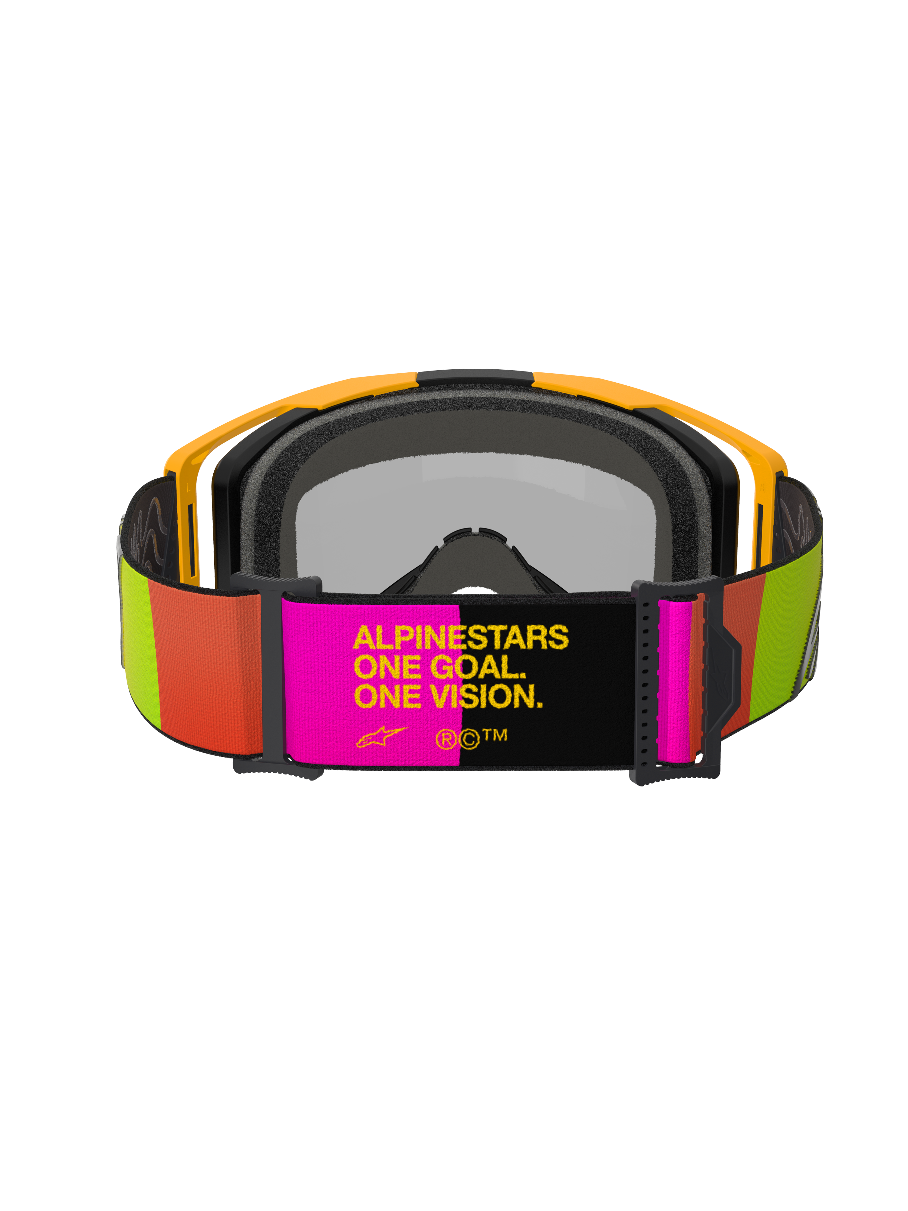 Alpinestars Vision 8 Corp Goggles, óculos de motocross, amarelos e cor-de-rosa, vista traseira com correia ajustável e slogan "ALPINESTARS ONE GOAL. ONE VISION.", detalhes em lima vibrante e laranja, armação amarela com espuma facial cinzenta
