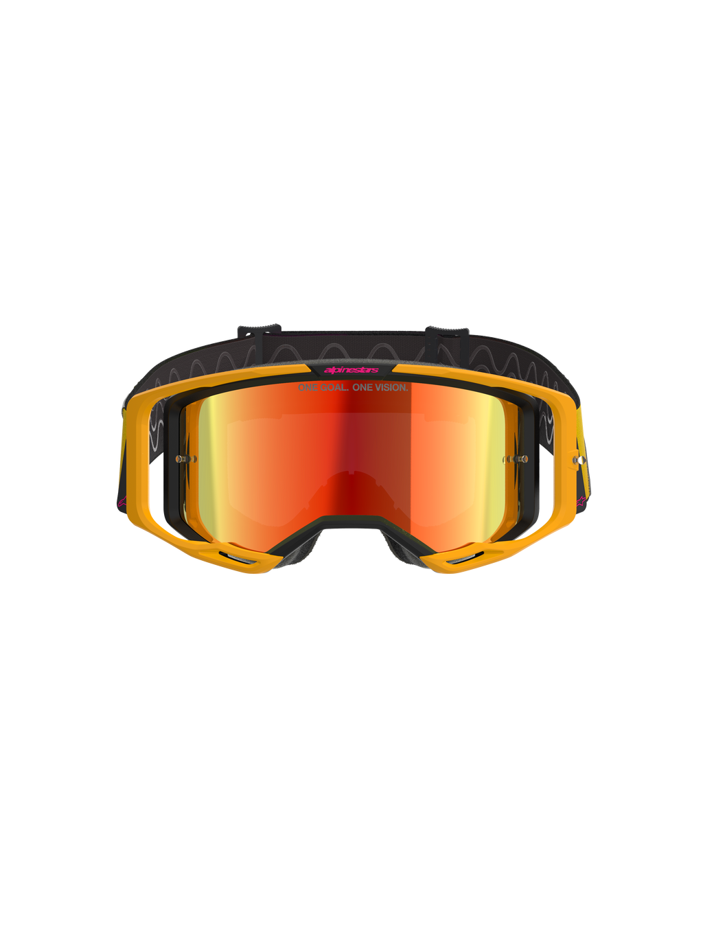 Alpinestars Vision 8 Corp Goggles, óculos de motocross, amarelos e rosa com lente vermelha espelhada, com armação A-FLEX amarela vibrante, lente refletora vermelha e correia preta com logótipo Alpinestars em rosa e o texto 'ONE GOAL. ONE VISION.', proteção ocular profissional para todo-o-terreno
