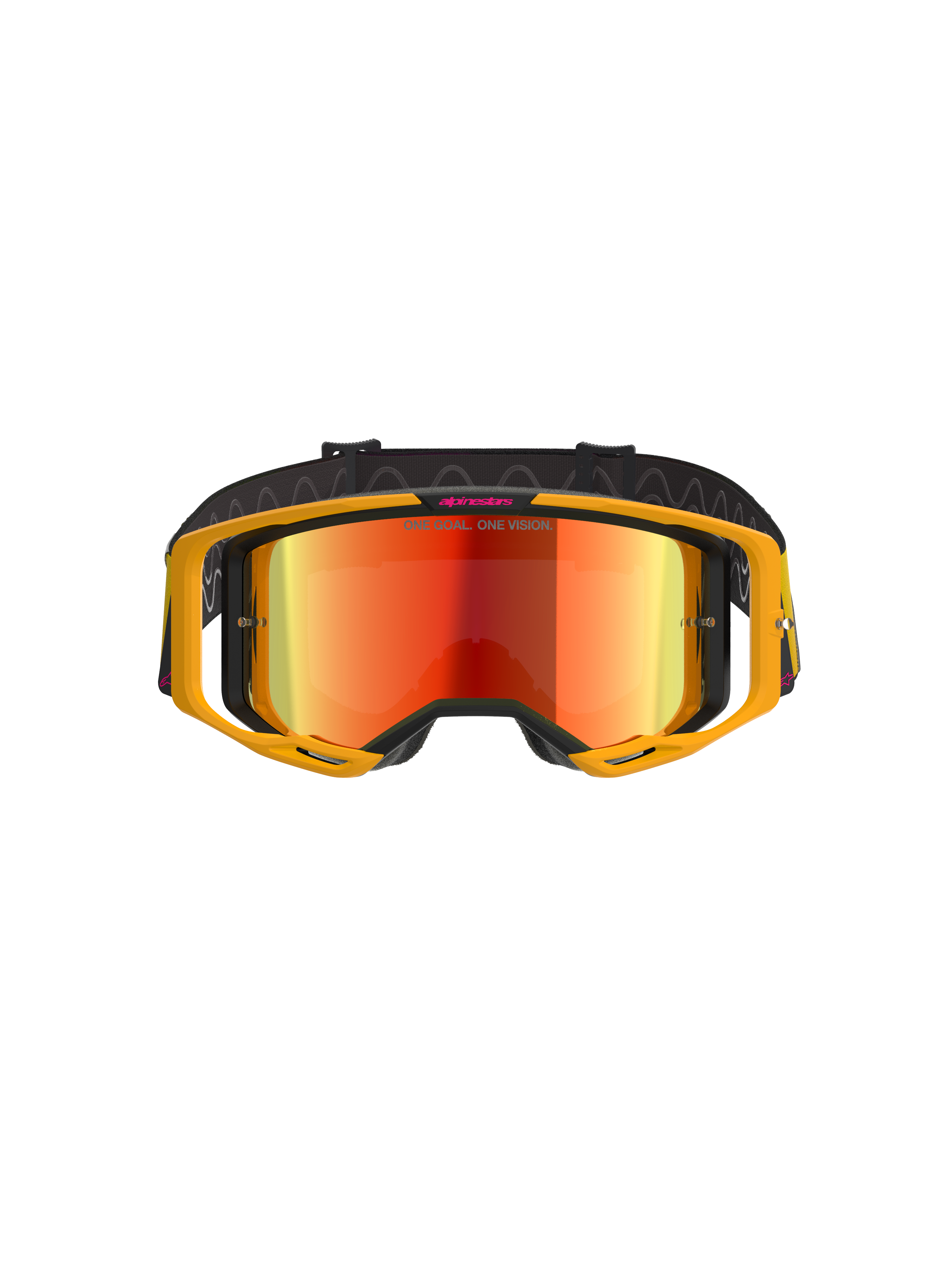 Alpinestars Vision 8 Corp Goggles, óculos de motocross, amarelos e rosa com lente vermelha espelhada, com armação A-FLEX amarela vibrante, lente refletora vermelha e correia preta com logótipo Alpinestars em rosa e o texto 'ONE GOAL. ONE VISION.', proteção ocular profissional para todo-o-terreno
