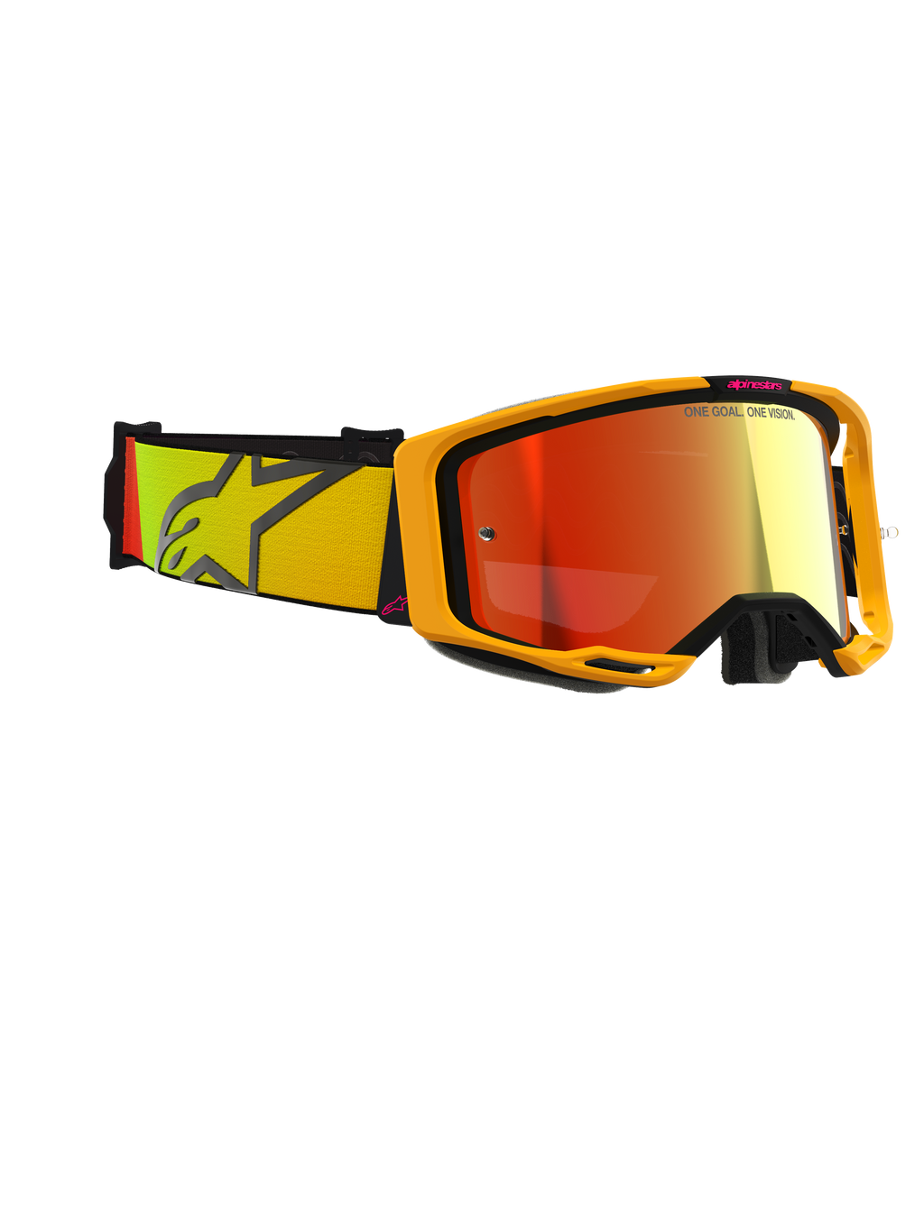 Alpinestars Vision 8 Corp Goggles, óculos de motocross, amarelos e cor-de-rosa com lente vermelha espelhada, correia tecida larga com gradiente em amarelo e cor-de-rosa e logótipo de estrela grande, armação A-FLEX leve com suportes pretos, óculos de performance para corridas todo-o-terreno