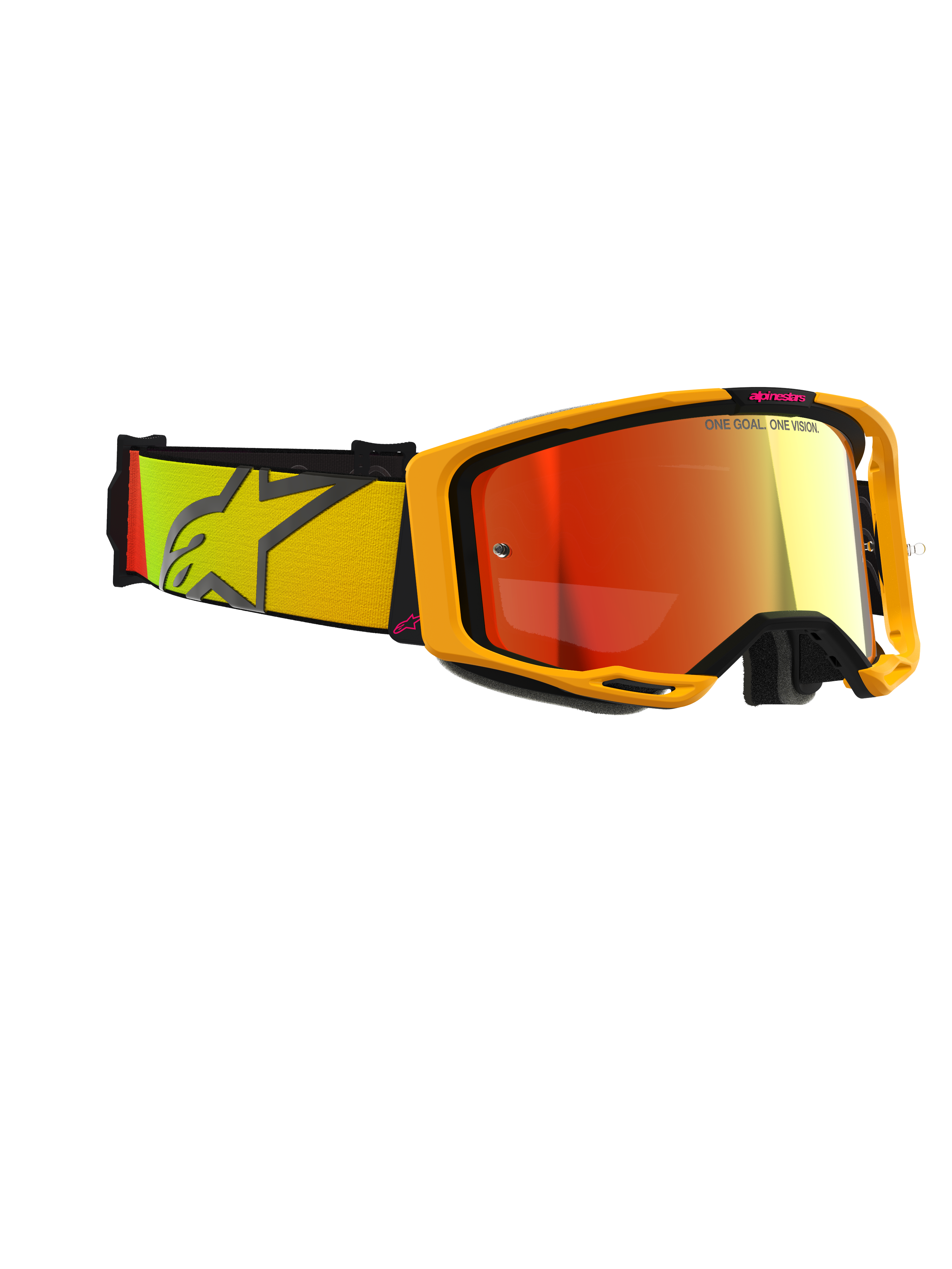 Alpinestars Vision 8 Corp Goggles, óculos de motocross, amarelos e cor-de-rosa com lente vermelha espelhada, correia tecida larga com gradiente em amarelo e cor-de-rosa e logótipo de estrela grande, armação A-FLEX leve com suportes pretos, óculos de performance para corridas todo-o-terreno