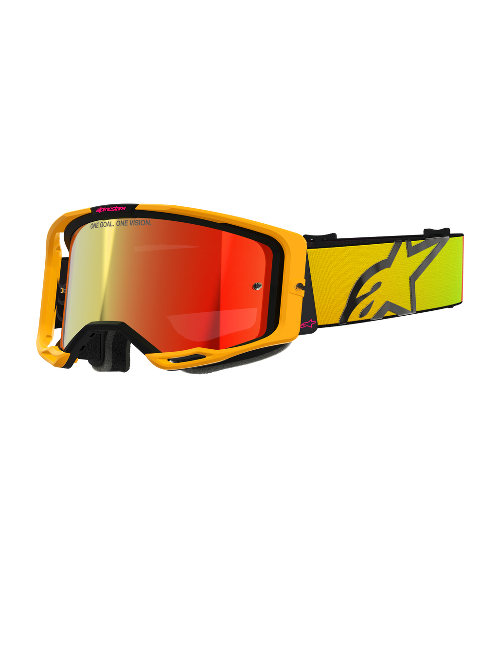 Alpinestars Vision 8 Corp Goggles, óculos de motocross amarelos e cor-de-rosa, lente espelhada vermelha refletora, correia amarela larga com logótipo de estrela preto grande, branding 'ONE GOAL. ONE VISION.', óculos profissionais para corridas fora de estrada