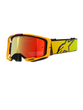 Alpinestars Vision 8 Corp Goggles, óculos de motocross amarelos e cor-de-rosa, lente espelhada vermelha refletora, correia amarela larga com logótipo de estrela preto grande, branding 'ONE GOAL. ONE VISION.', óculos profissionais para corridas fora de estrada